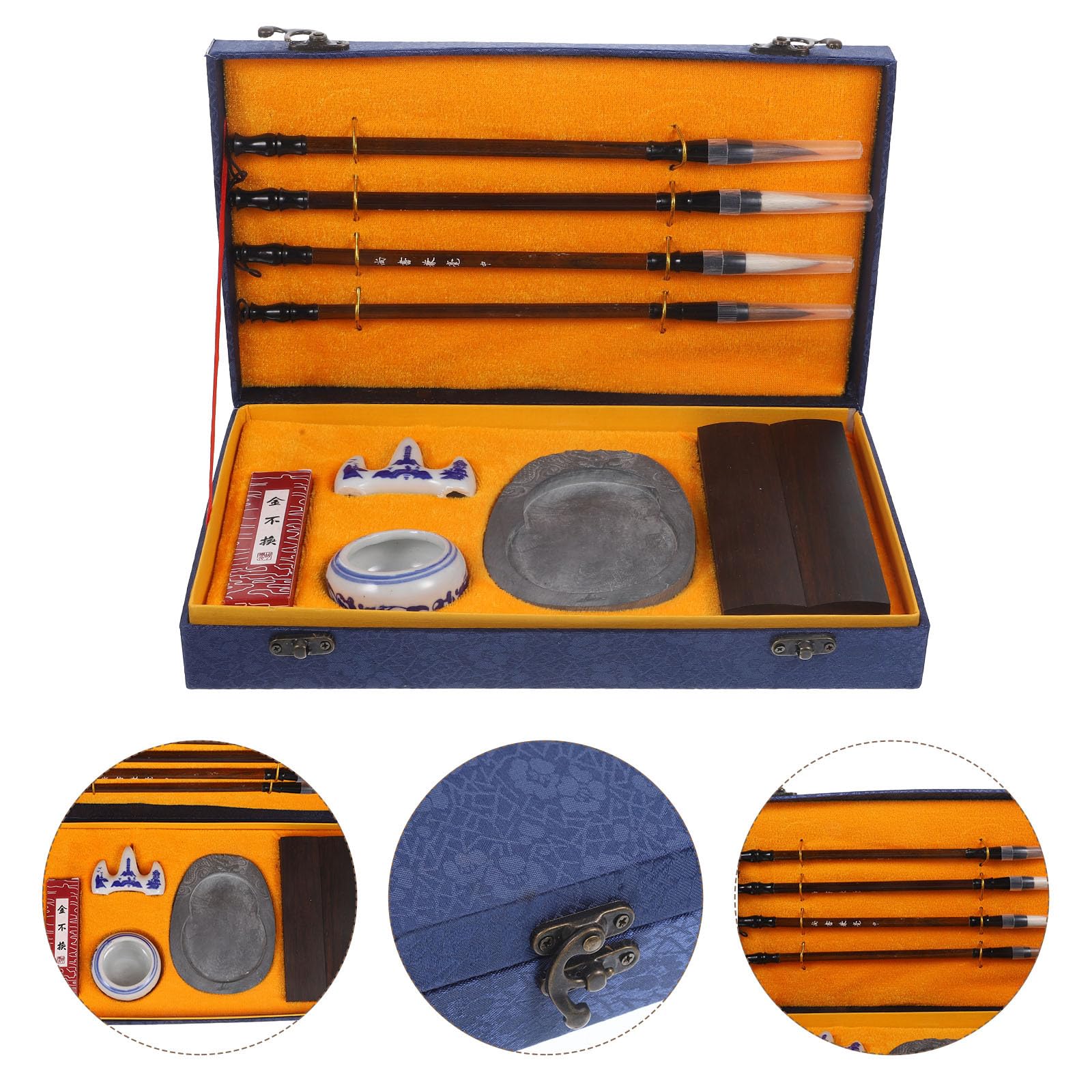 BESTonZON Ensemble 10 Pièces Pinceaux D’Écriture Professionnels Bâtonnets D’Encre Chinoise et Pierre à Encre Portable Kit Calligraphie pour Étudiants et Artistes Coffret Bleu pour Dessin