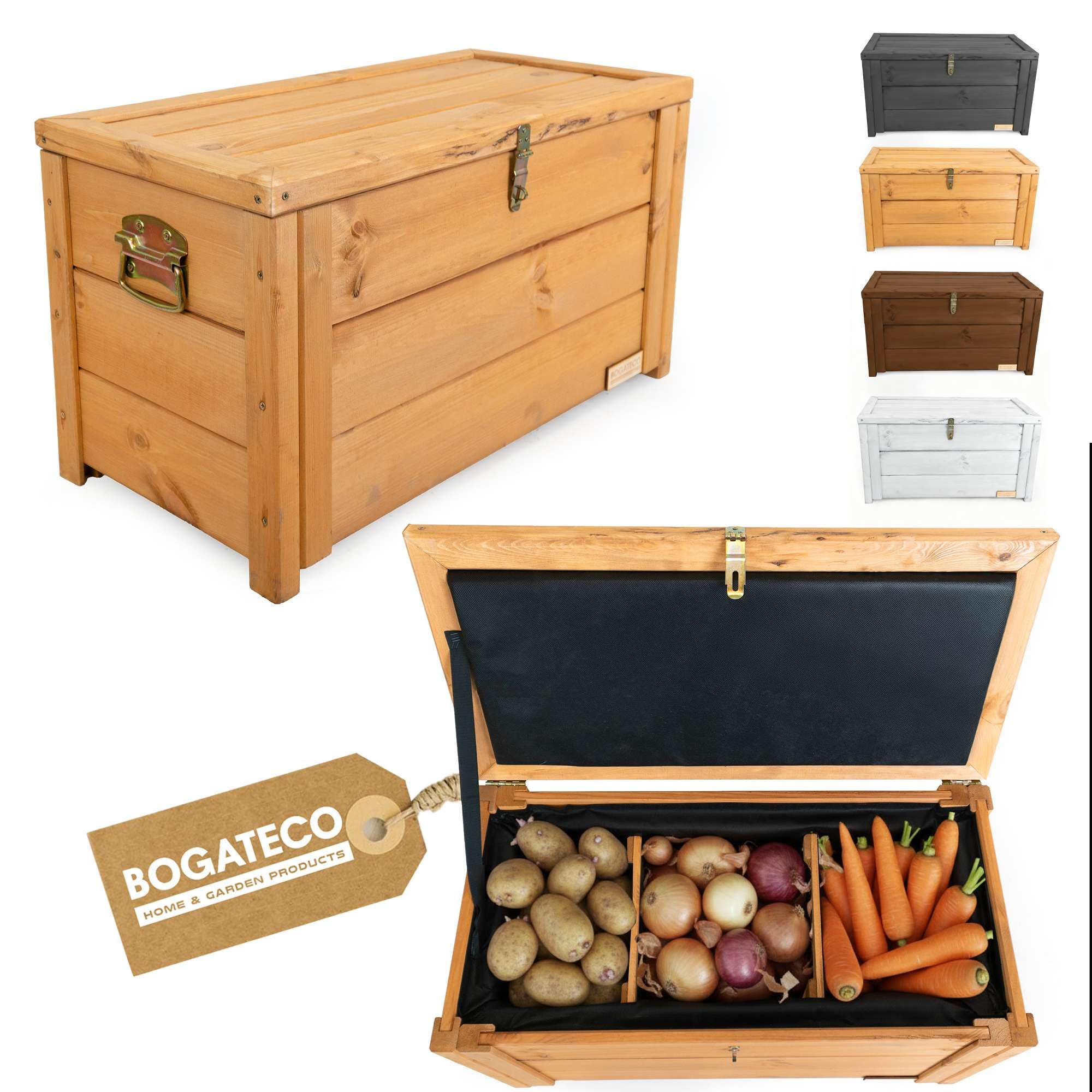 BOGATECO Gartenbox Holzkiste mit Deckel | Thermobehälter | Isoliert Kaste zur Aufbewahrung von Obst und Gemüse 55L | Verstellbare Fächer 79x46x39cm