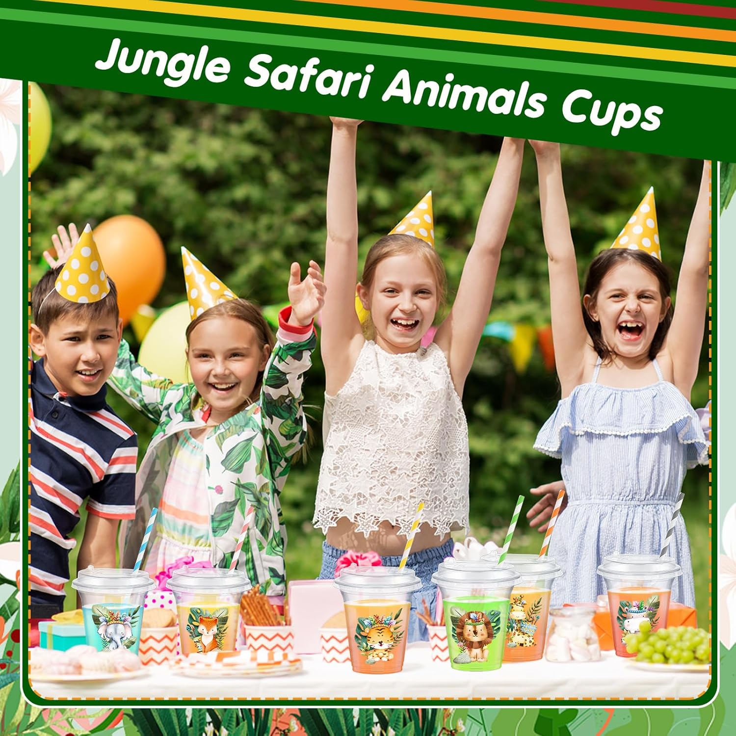 FoldTier 60 Set Jungle Safari Plastic Cups Bulk 14 oz Disposable Clear Cups with Lids and Paper Straws for Jungle Safari Baby Shower Birthday Supplies Wild Party Favors Decorations