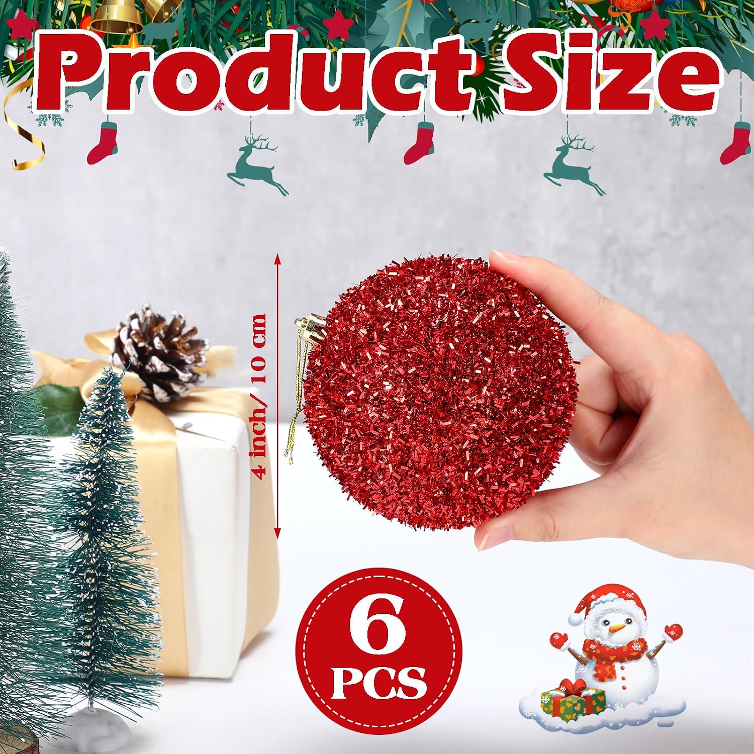 6 Pcs 4 Inch Christmas Tinsel Balls Tree Ornament, Red