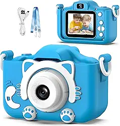 Câmera Digital Infantil Premium com Tela - LCD, Filma em HD, Portátil e Recarregável, Possui Jogos Divertidos Para as Crianças, Capa de Silicone Gatinho (Azul)