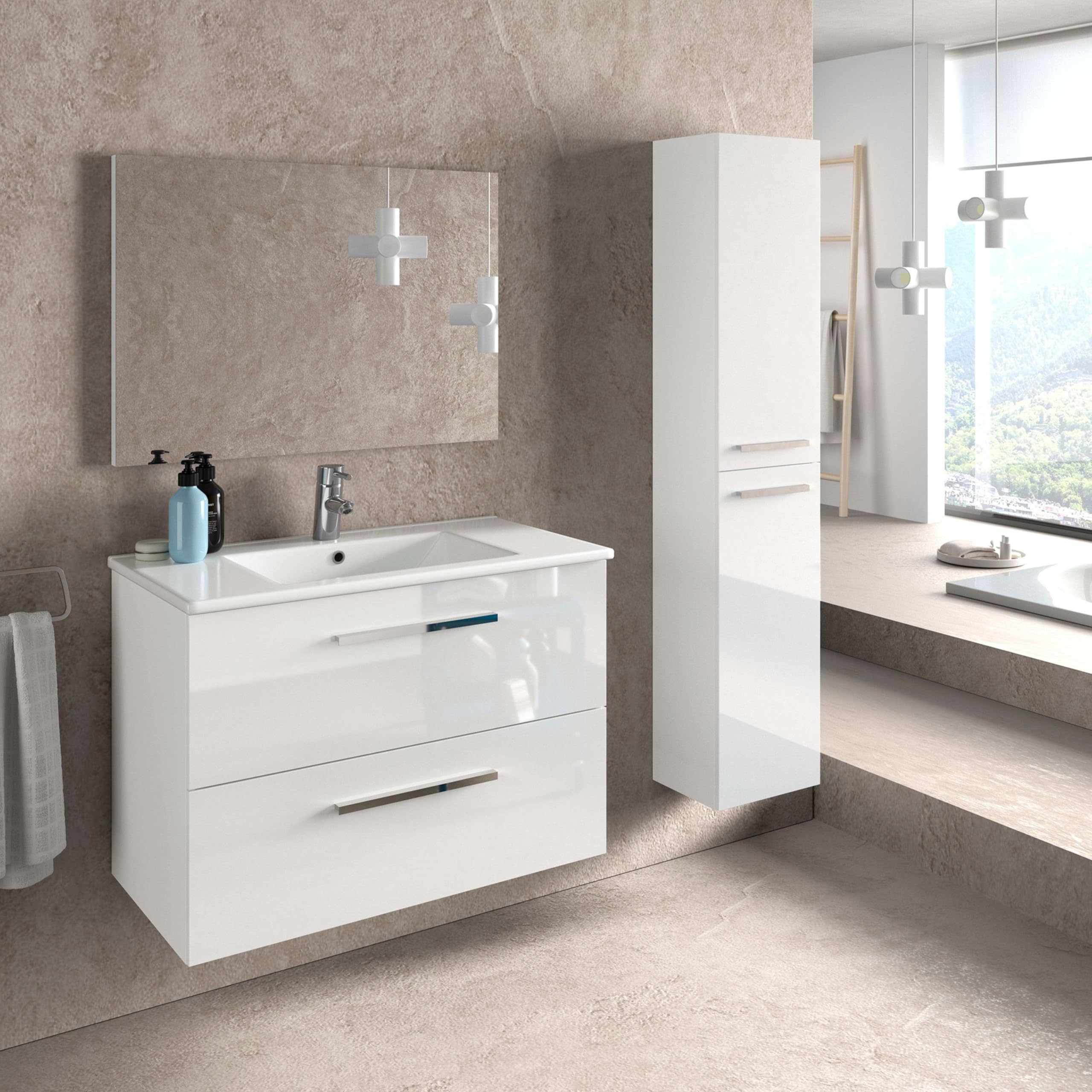 Miroytengo Mueble de Baño Suspendido Aruba Estilo Contemporáneo en Color Blanco con 2 Cajones y Espejo 80x45x57 cm (Sin Lavabo)