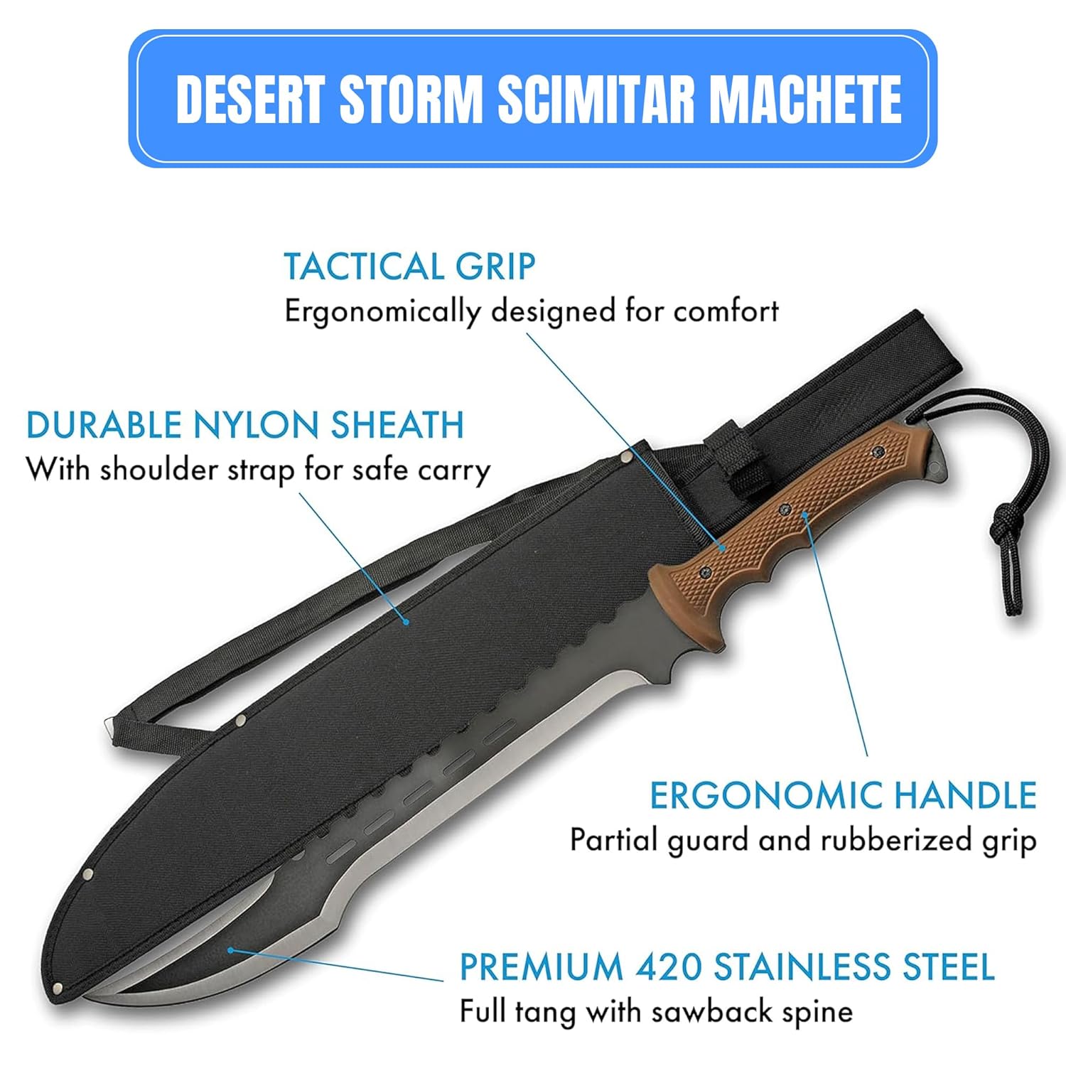 SZCO 25" Desert Storm Scimitar Machete – Full Tang Sawback Machete with 18" 420 Stainless Steel Blade, ABS Handle, Nylon Sheath & Lanyard for Camping, Hunting & Outdoor Use
