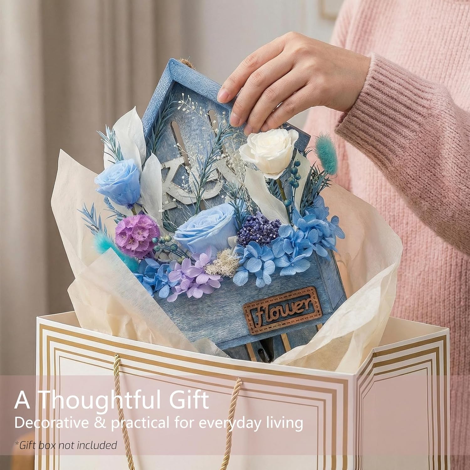 Key Holder Wall Mount with Preserved Blue Roses, Unique Wall Hooks for Home Decor, Forever Flowers Key Hook for Housewarming Gifts, Birthday Gifts for Women, Mom, Best Friend, Room Decor (Blue)