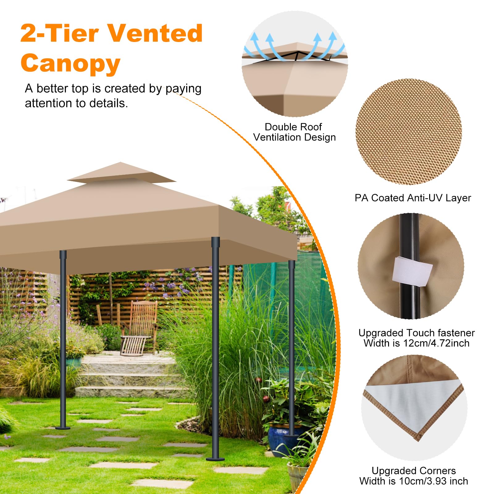 Telo Gazebo 3x3 m Impermeabile Anti-UV, 2 Livelli Tetto di Ricambio per Gazebo, Tenda da Sole Gazebo Rimovibile, 300D Poliestere Telo Ricambio Gazebo per Giardino, Patio, Esterni (Cachi)