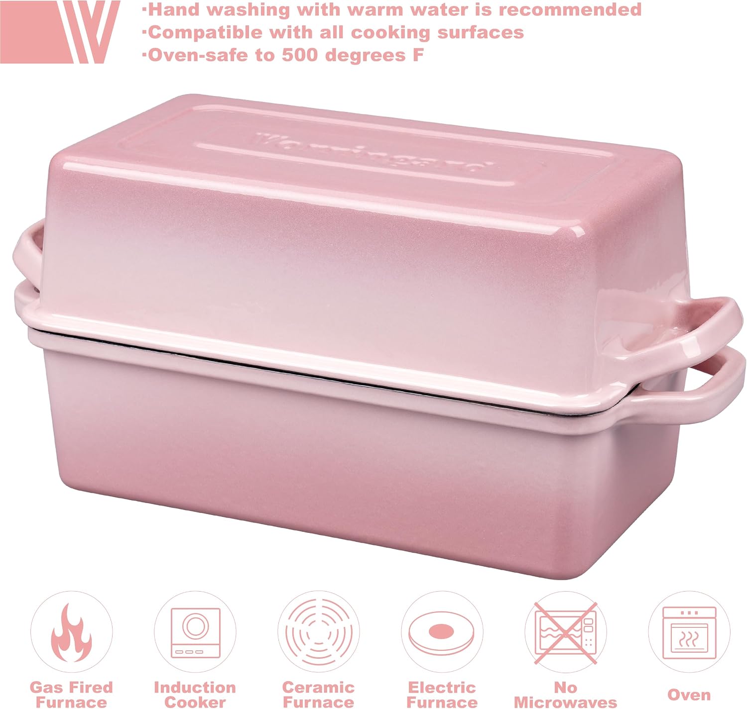 VORRINGARD Enameled Cast Iron Loaf Pan with Lid, Double Bread pan, Bread Dutch Oven for Sourdough Bread Baking, Cake, Meatloaf, 10X5.5 inch, 4 Quart, Pink