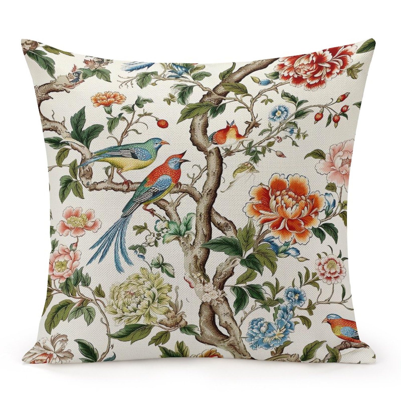 Chinoiserie Red Peony Floral Turquoise Tree Bird Cushion Cover Case 16x16 Farmhouse Pillowcase Square Accent Throw Pillow Cover with Zipper for Sofa Couch Bedroom Home Decor Birthday Gifts