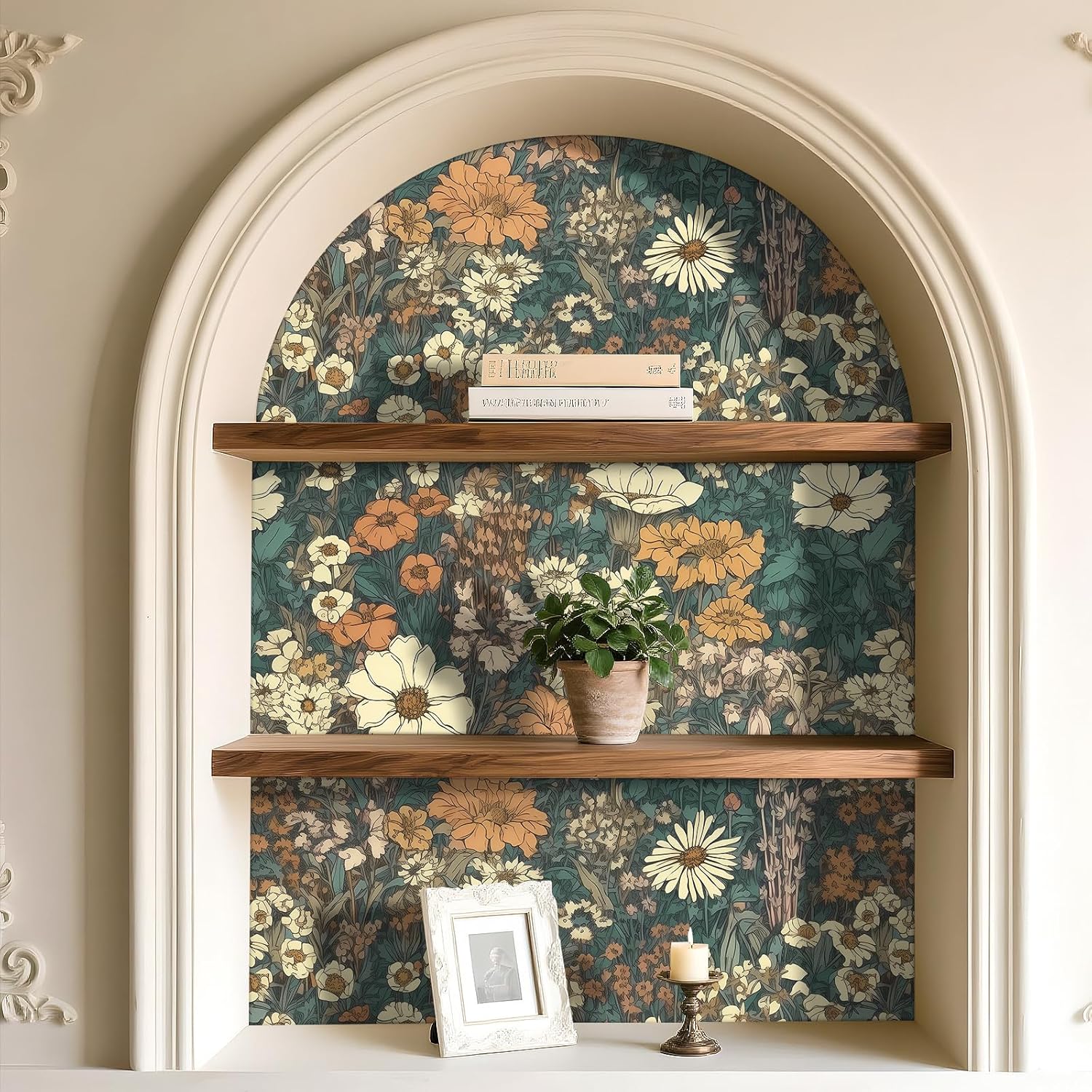 YENHOME 17.5"X118" Floral Peel and Stick Wallpaper Boho Floral Vintage Wallpaper Boho Wall Paper Mural for Bedroom Kitchen Nursery Self Adhesive Flower Contact Paper for Cabinets Drawers Home Decor
