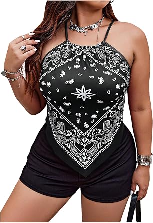 OYOANGLE Womens Plus Size Paisley Boho Halter Criss Cross Back Cami Tops