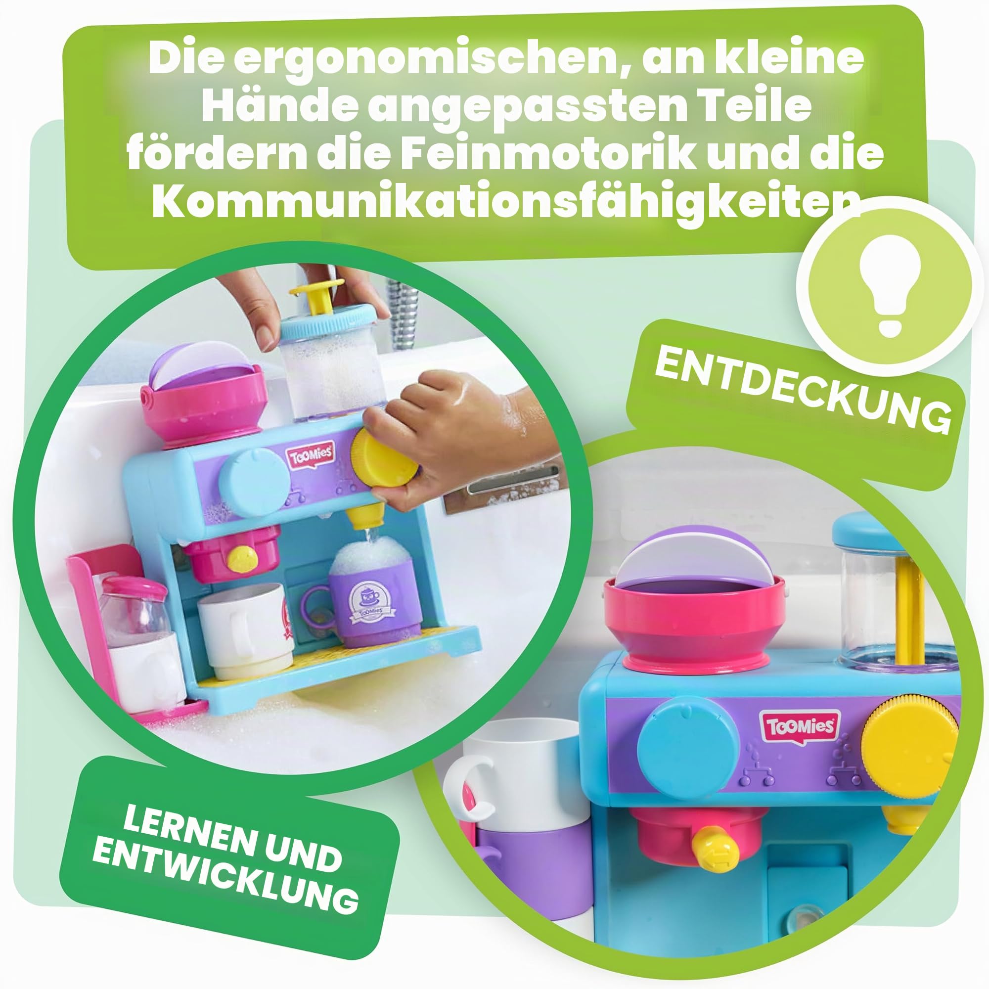 Tomy Toomies Bade-Barista, Wandmontiertes Baby-Badespielzeug als Café & Schaumbad-Spielküche für Kleinkinder - Küchen-Set: 3 Tassen, 1 Krug, 1 Shaker – ab 18 Monaten für Mädchen & Jungen