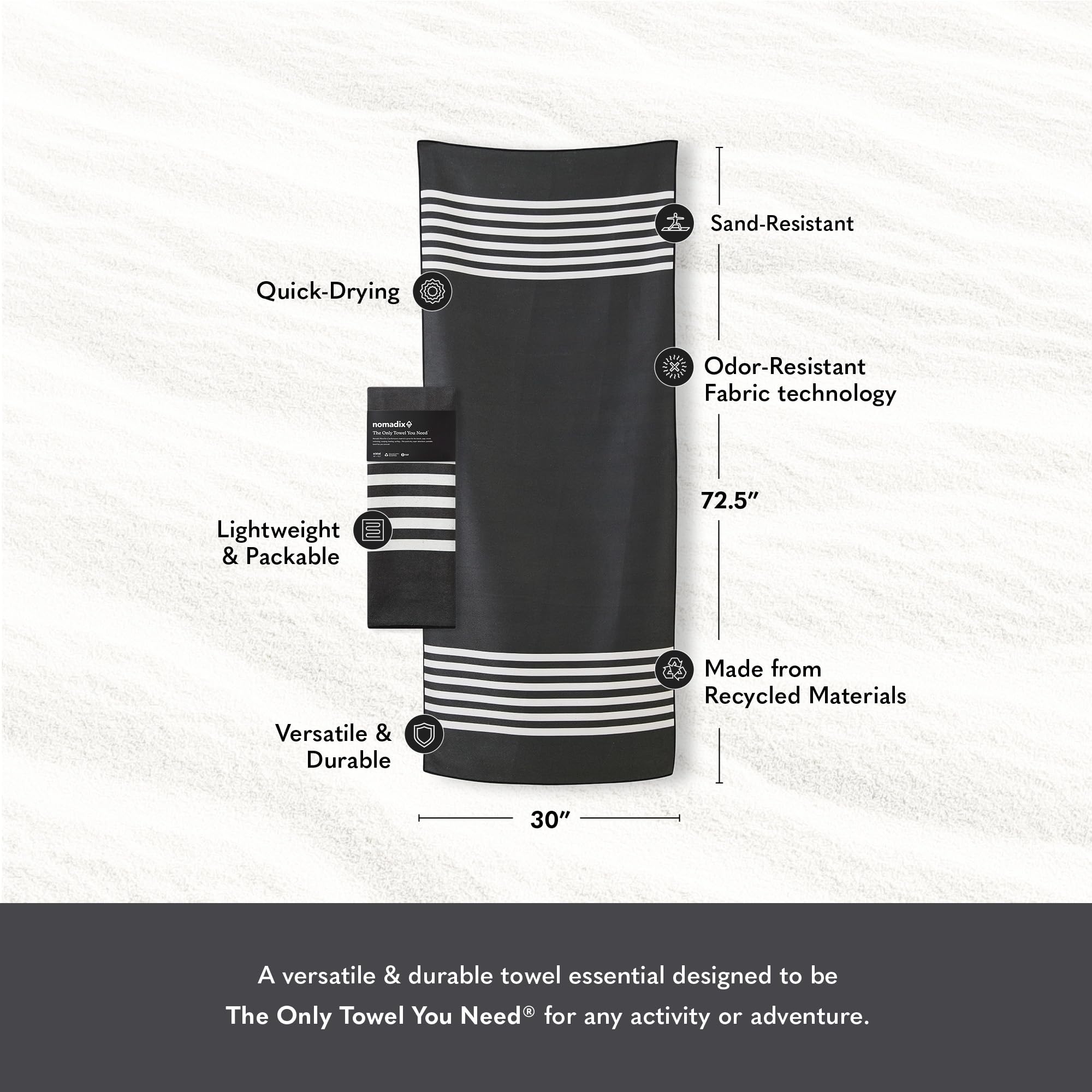 Nomadix Original-Handtuch, perfekt für Strand, Pool, Reisen, Camping, Yoga, aus recycelten Materialien, super saugfähig, sandabweisend, schwarz, 72,5 x 30 cm