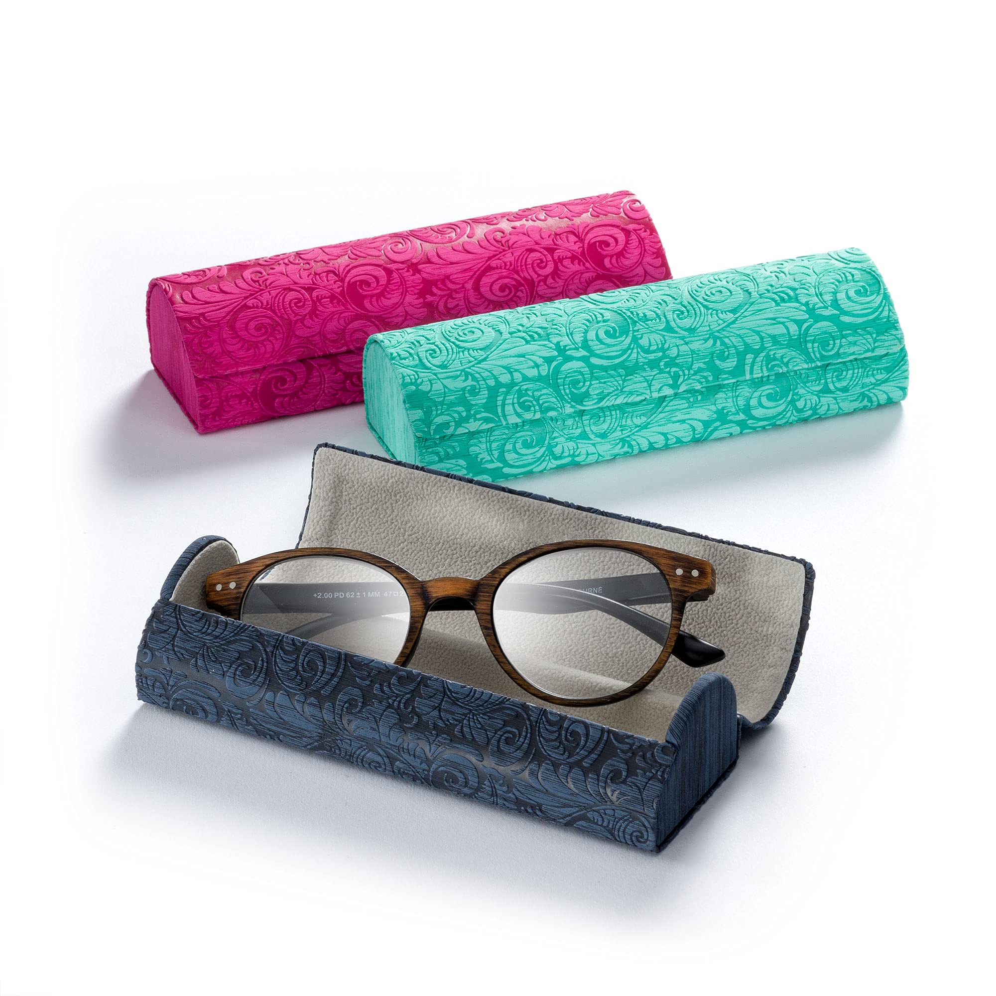 FEFI - Étui à lunettes rigide solide avec motif floral en relief., bleu nuit, M