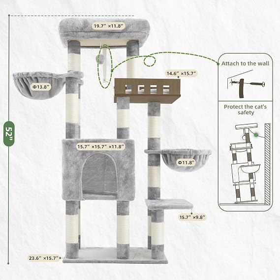 Gitelsnour Cat Tree for Indoor Cats Large Adult, Heavy Duty Cat Tree for Large Cats 20 lbs+, Cat Condo with Big Wooden Perch, Cat Tower with 14 Scratching Posts, Hammock, Light Gray GCT023W