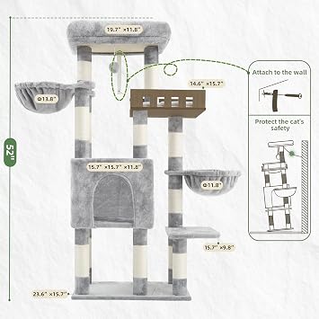 Gitelsnour Cat Tree for Indoor Cats Large Adult, Heavy Duty Cat Tree for Large Cats 20 lbs+, Cat Condo with Big Wooden Perch, Cat Tower with 14 Scratching Posts, Hammock, Light Gray GCT023W