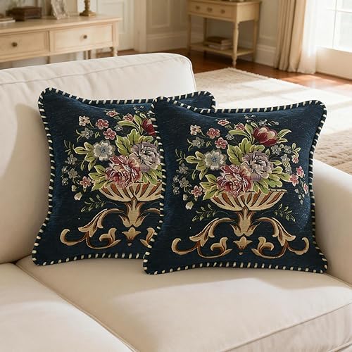 Set of 2 Blue Vintage Embroidered Throw Pillows Covers 18x18in，Vintage Decorations Floral Embroidered Cushion Cover for Sofa Couch Bed Chairs Car