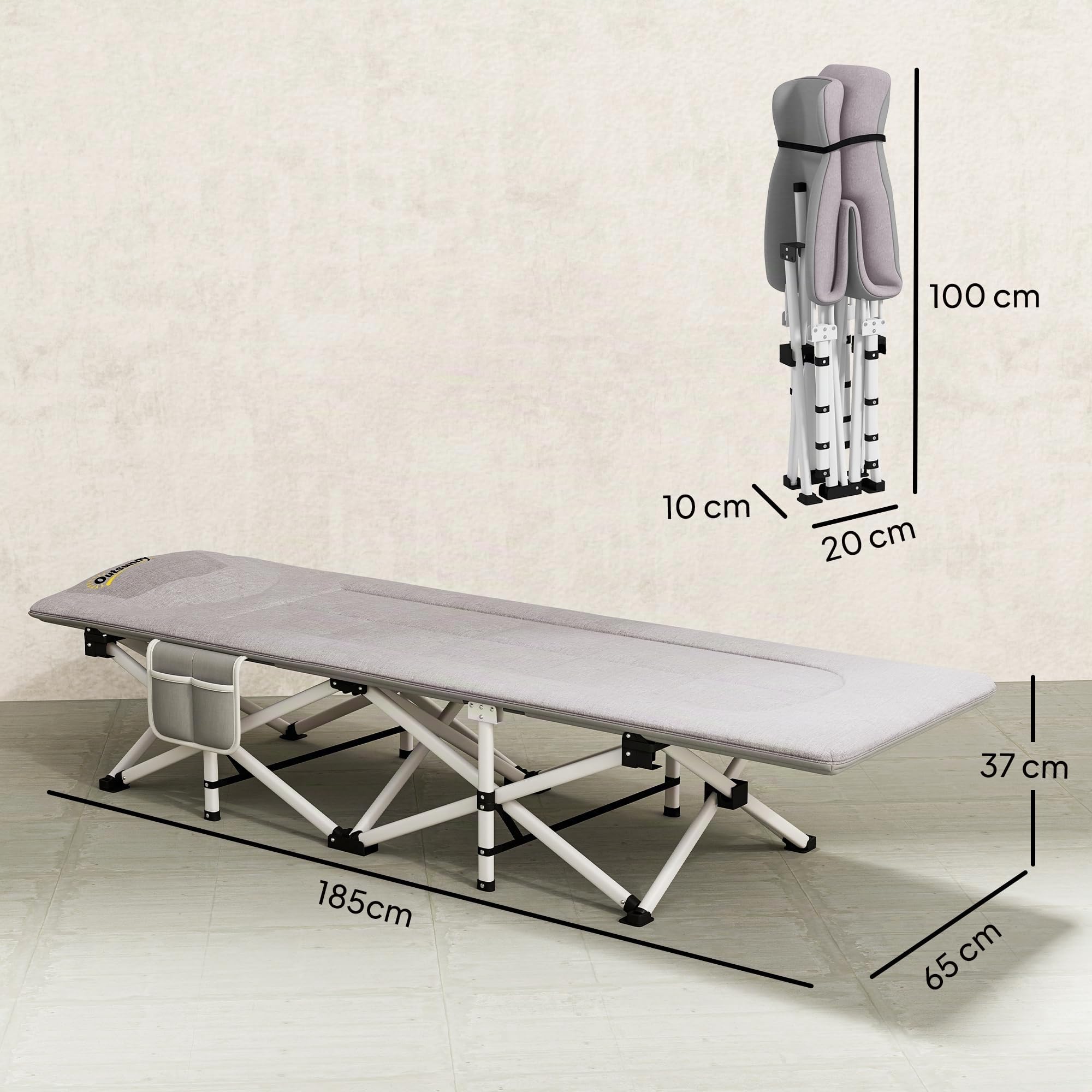 Outsunny Lit de Camping Pliable avec Matelas 185L x 65l x 37H cm Gris | Transat Chaise Longue, Sac de Rangement Intégrée, Jusqu'à 200 kg