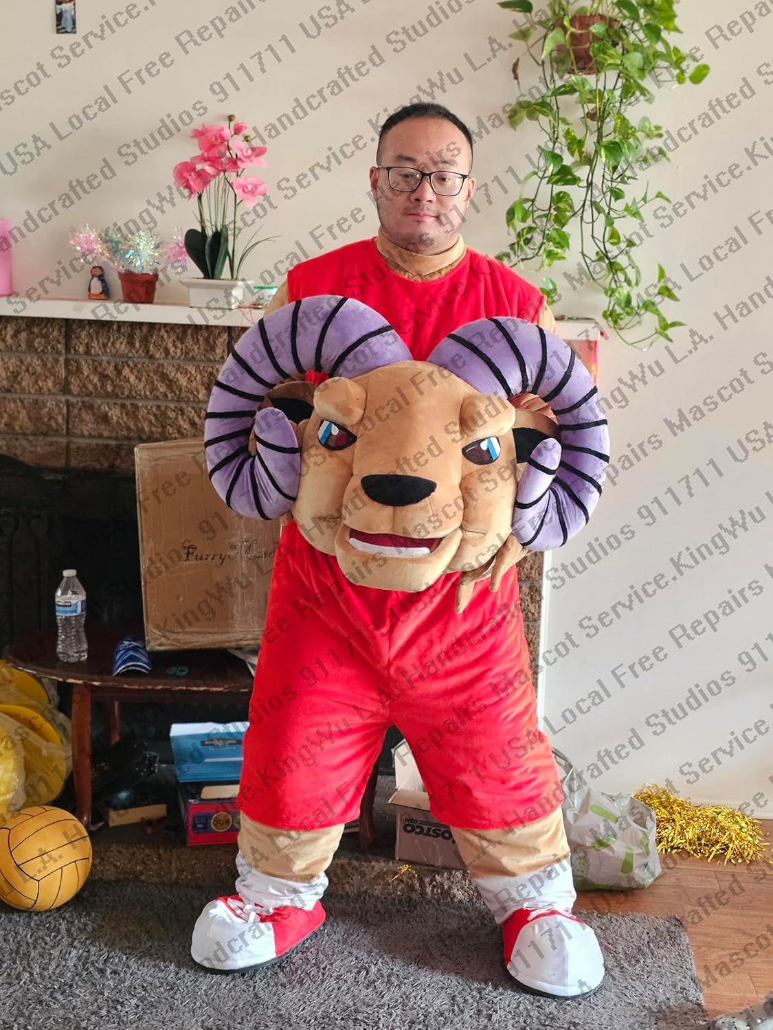 College Baseball Ram Mascot Costume, Adult Unisex, Red Sports Party School Spirit Costume, 100% Poly