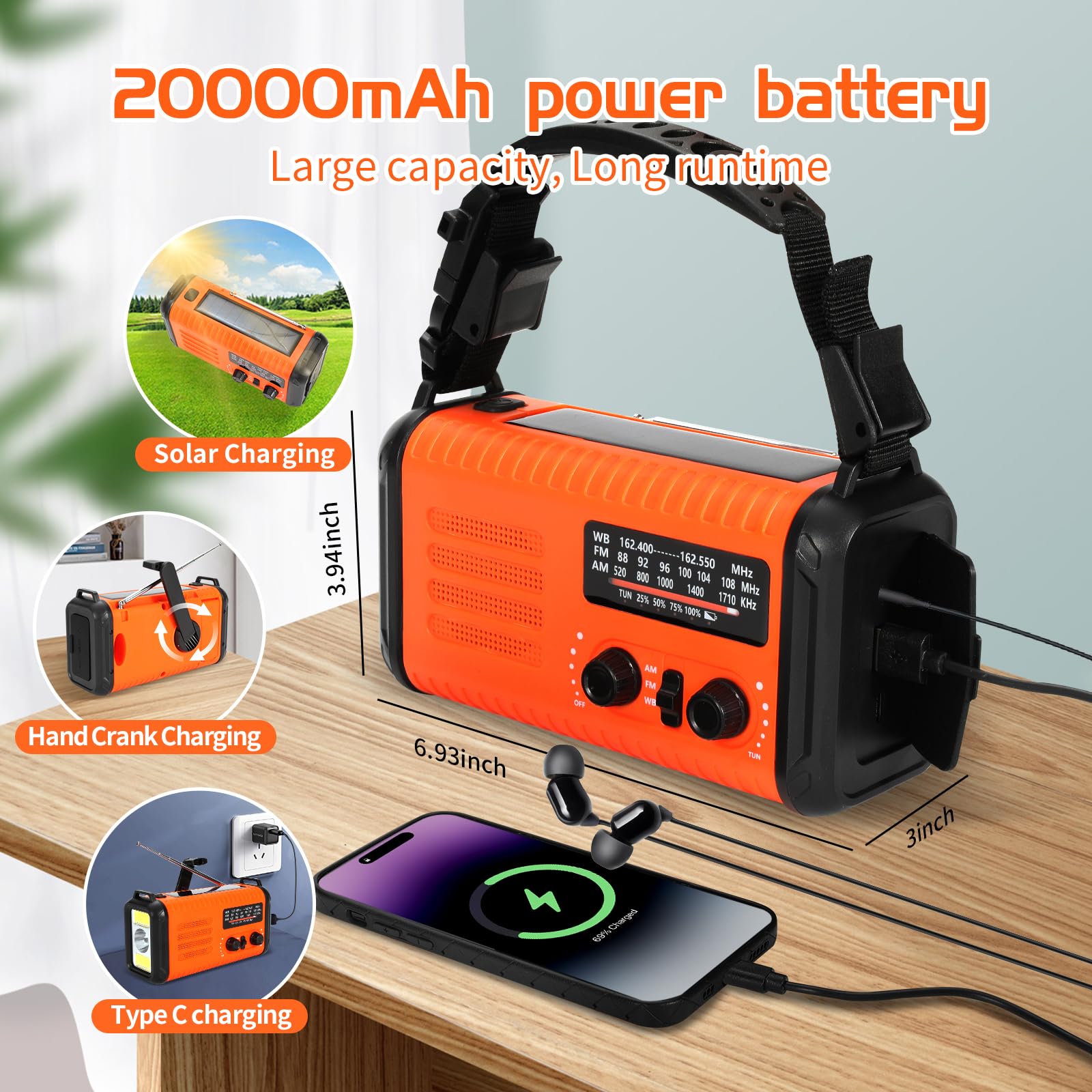 Radio météo d'urgence, radio solaire 20 000 mAh, radio à manivelle avec AM/FM/NOAA, radios portables avec lampe de poche et lampe de lecture, prise casque, alarme SOS, chargeur de téléphone pour les