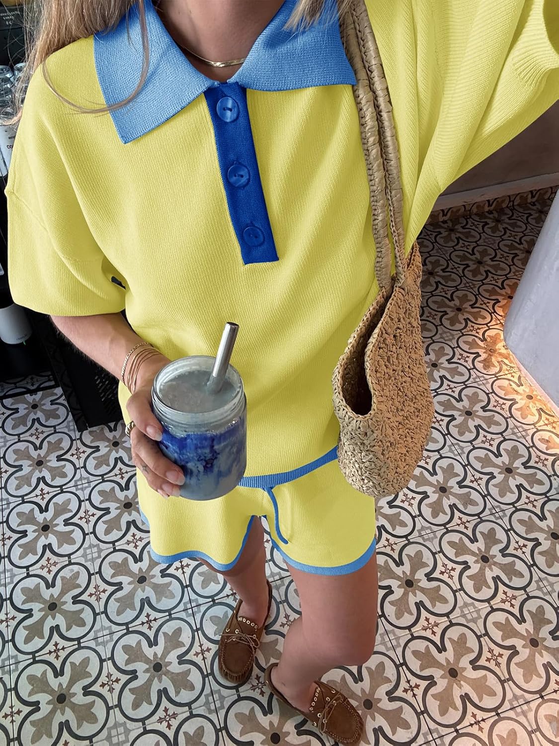 Tankaneo Womens 2 Piece Sweater Short Sets 2026 Summer Vacation Outfits Short Sleeve Knit Collared Tops Matching Lounge Set - Image 3