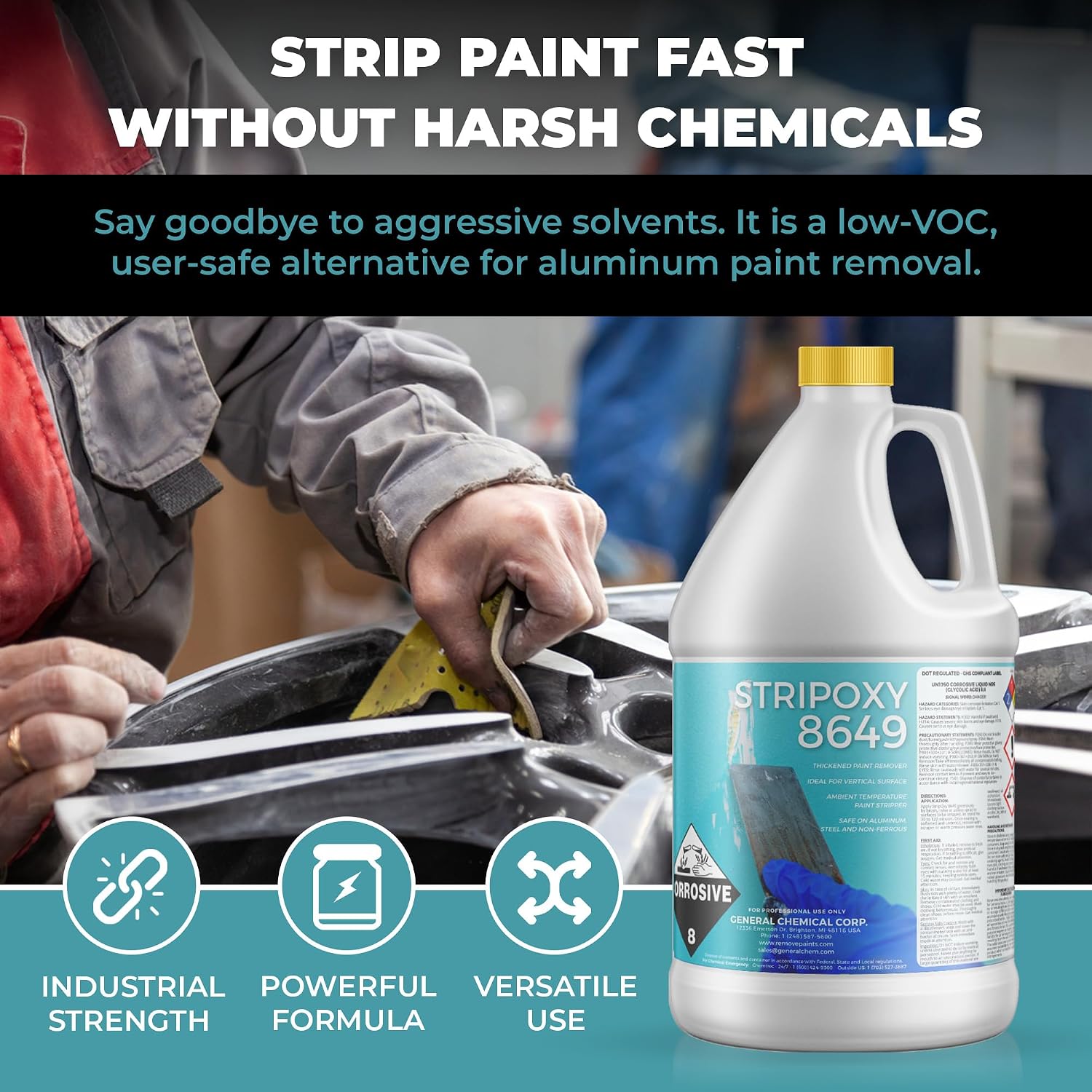 Stripoxy 8649 Paint Remover for Aluminum - Powder Coating Remover for Steel and Non Ferrous Metals, Industrial Use, Fast Acting Solution, Brush, Roller, or Spray Application, Non Flammable, 1 Gallon