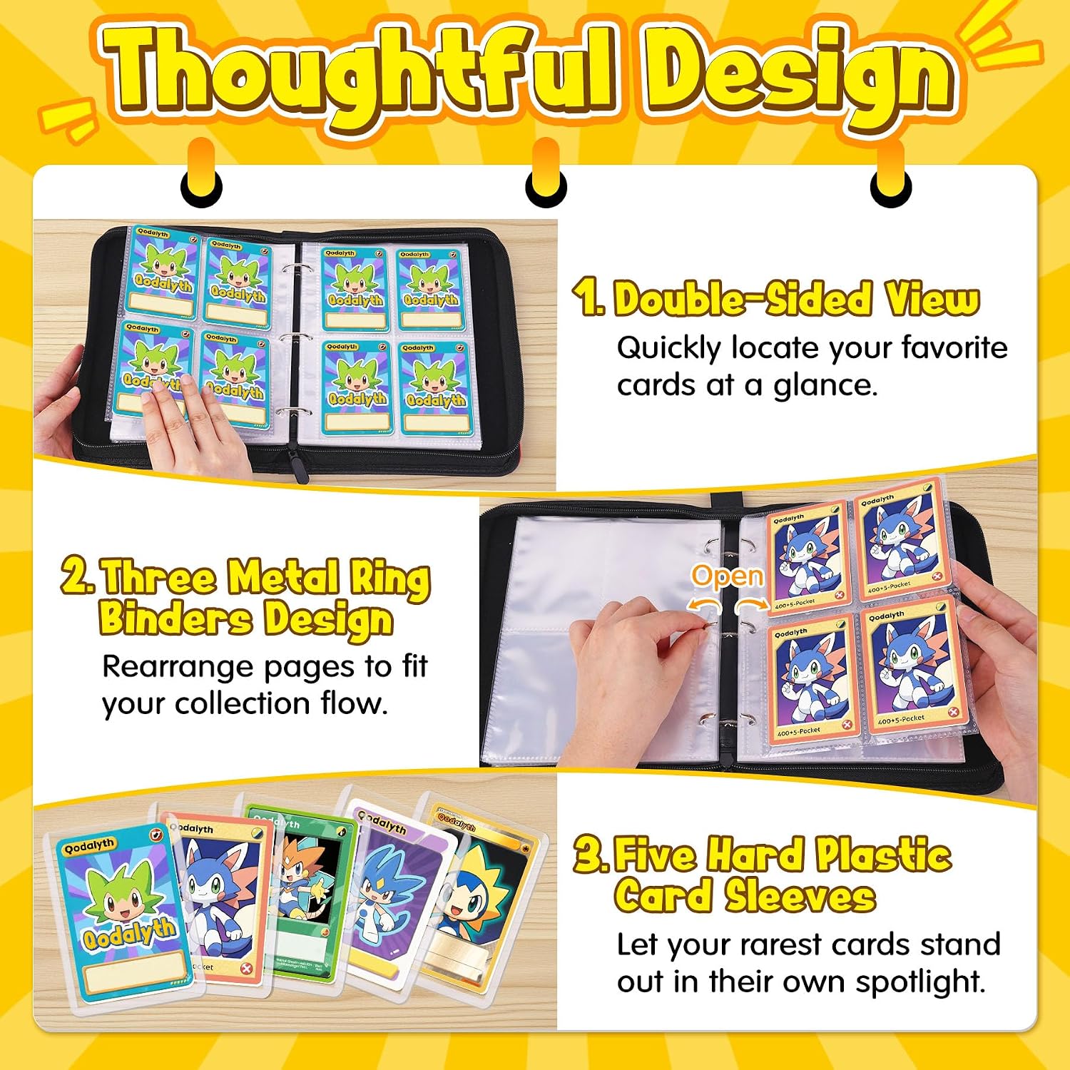 Card Binder – 4 Pocket Zipper Collection Album, Premium PU Holder, Double-Sided Display for 400 Cards, Includes 5 Hard Plastic Sleeves for Game Cards, Sports Cards（Cartoon Stickers） image 3