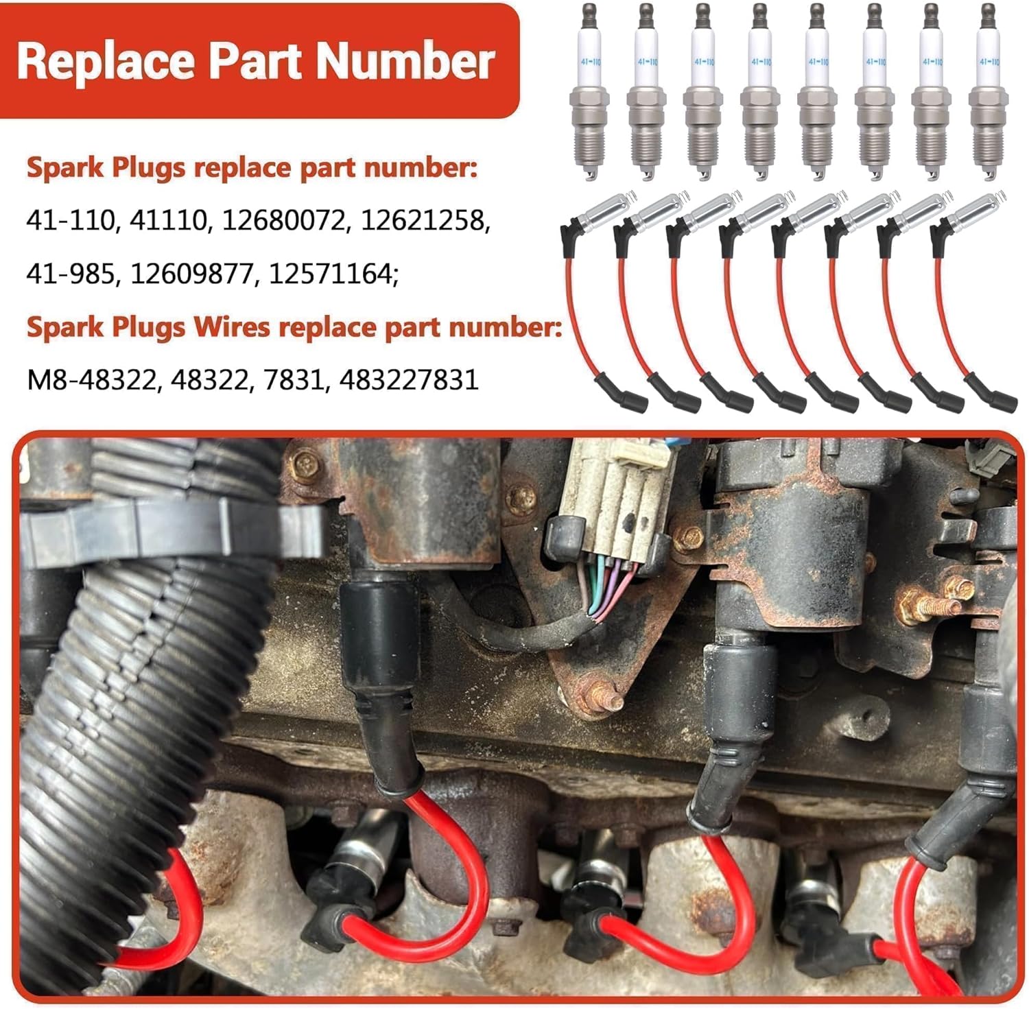 41-110 Iridium Spark Plugs & M8-48322 Spark Plug Wires Compatible with 5.3 6.0L 6.2L Chevy Silverado Suburban Avalanche Express GMC for Cadillac Escalade Yukon Sierra V8 LS Truck (Pack of 8)