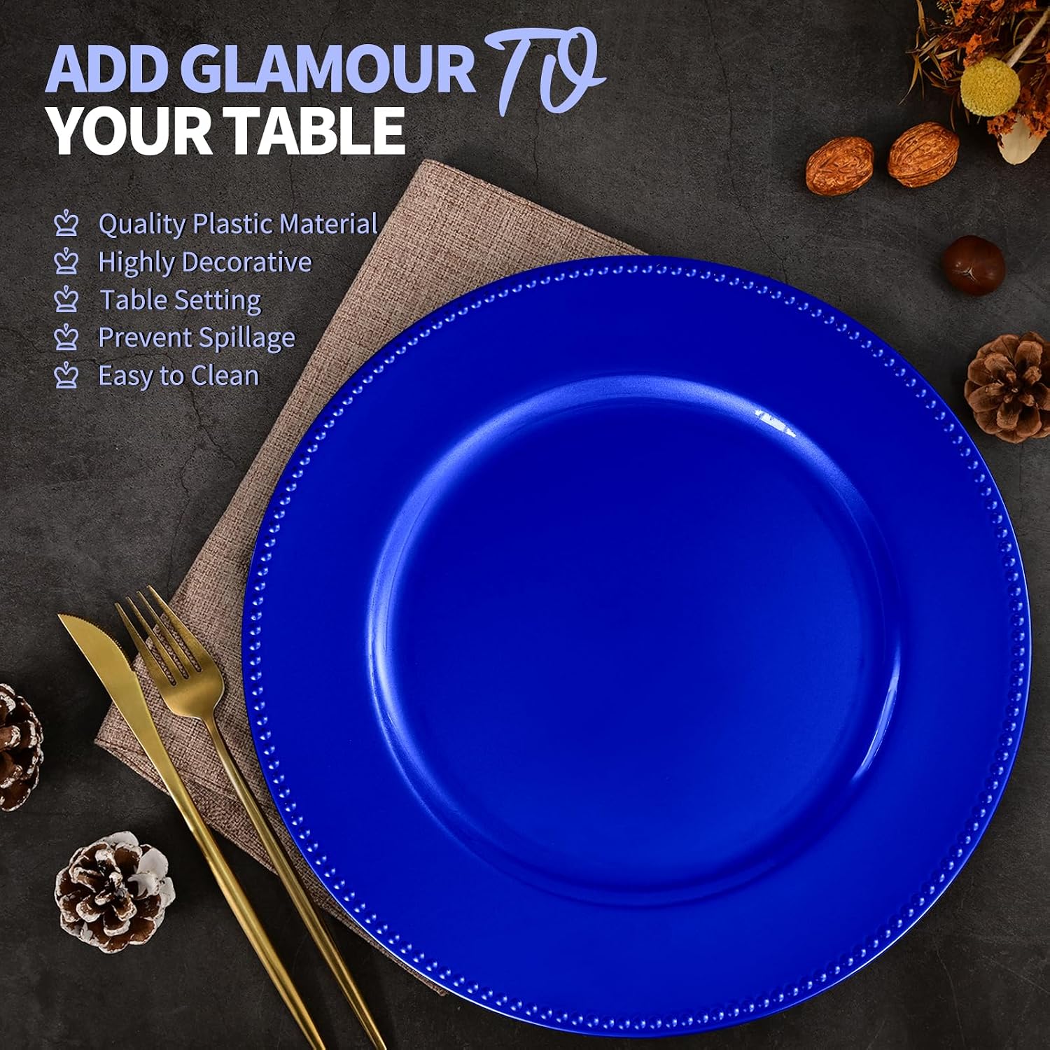 50 Pcs Royal Blue Charger Plates with Beaded 13 Inch Plastic Charger Plates for Dinner Plate, Royal Blue Chargers for Table Setting, Round Chargers Plate for Wedding Party Holiday Event Tabletop Decor
