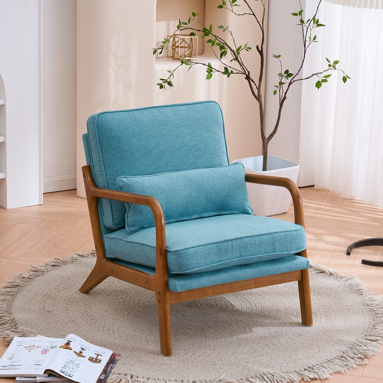 Amazon.com: VINGLI Linen Teal Comfy Accent Chair, Mid Century