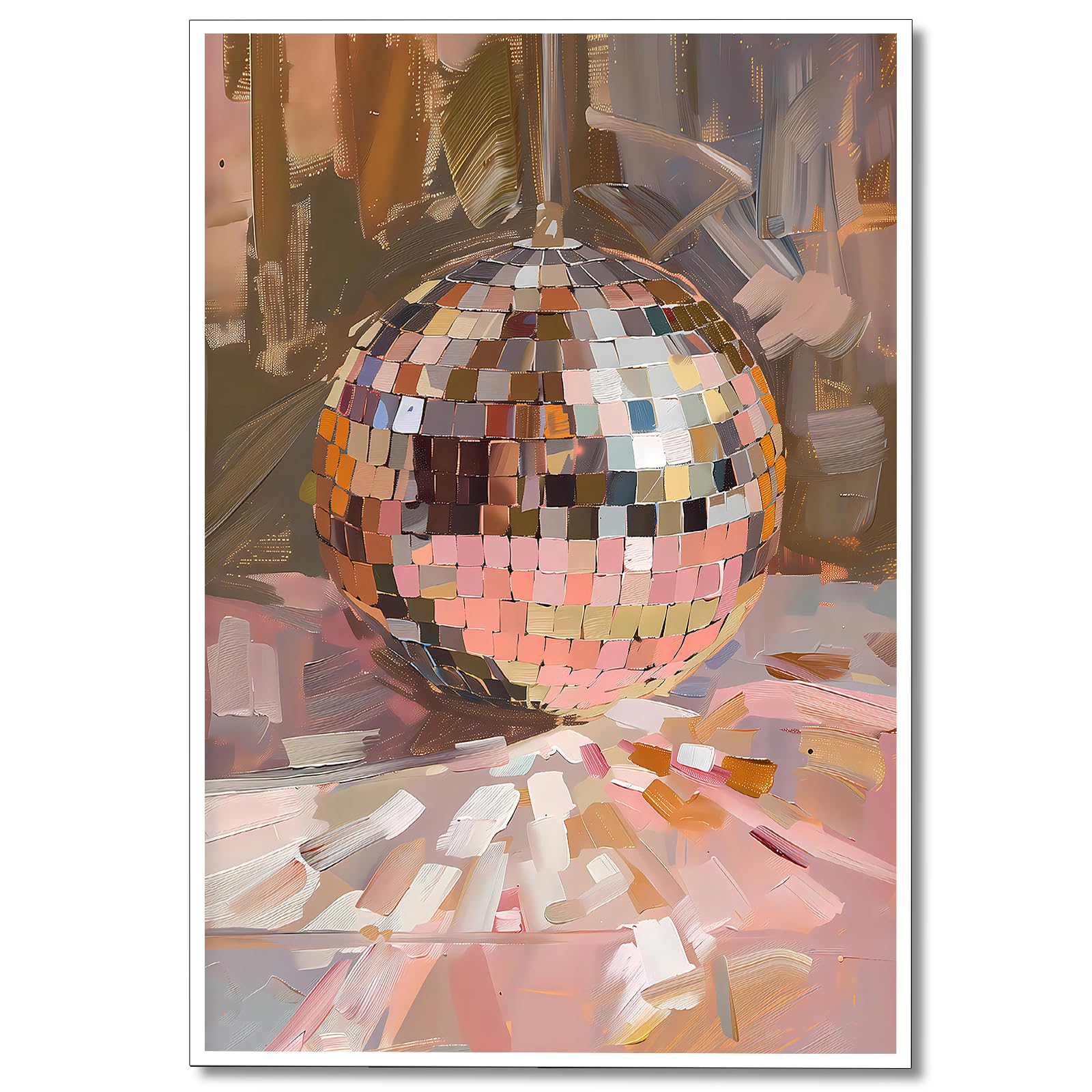 Trendy Soft Pink Disco Ball Canvas Wall Art Funky Girl Silver Mirrorball Textured Poster Maximalist Preppy Print Vintage 70s Bar Cart Dopamine Wall