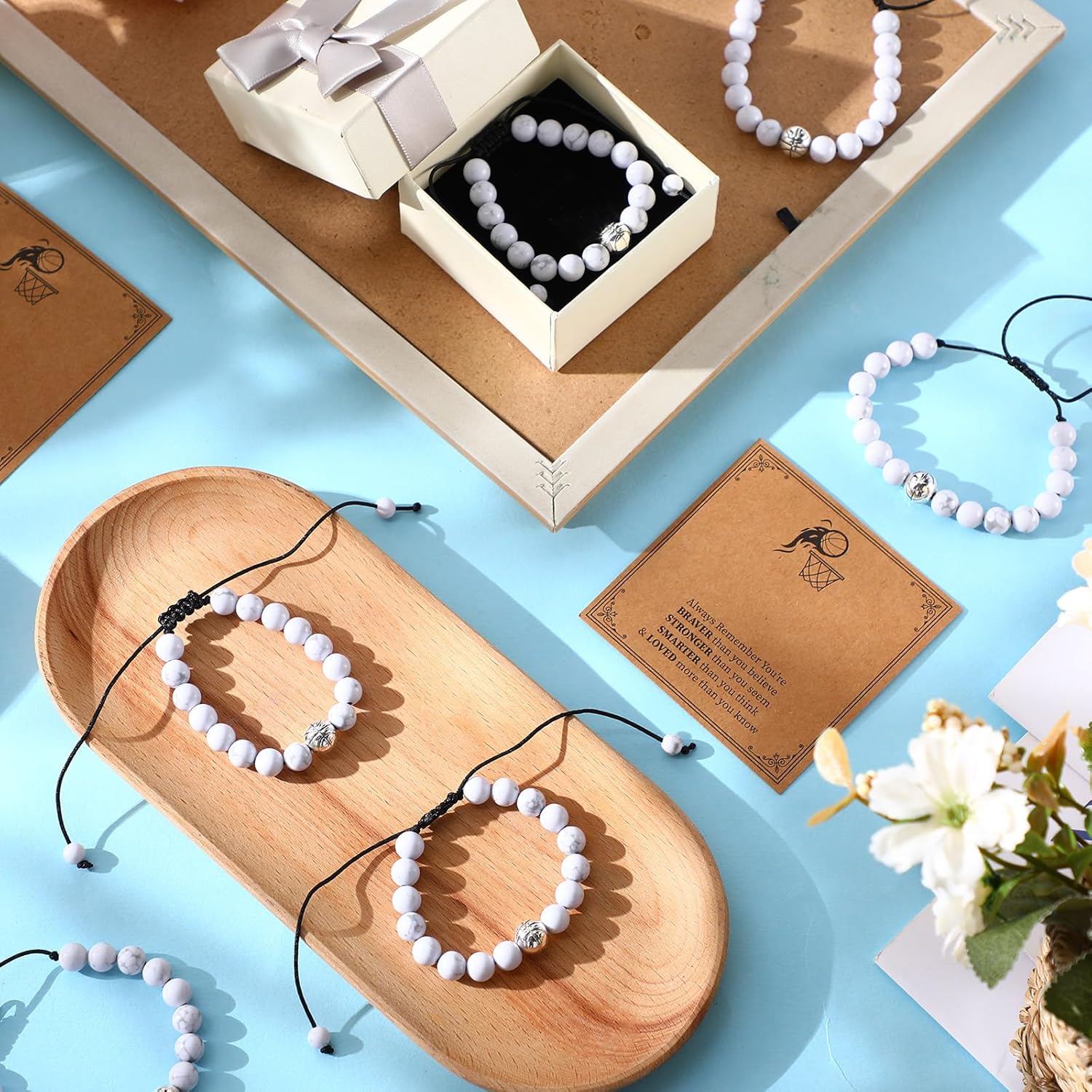 24 Set Basketball Bracelets Sport Team Gifts Adjustable Turquoise Stone Beaded Bracelets Bulk with Blessing Card Basketball Party Favors for Players Team Lovers - Image 6