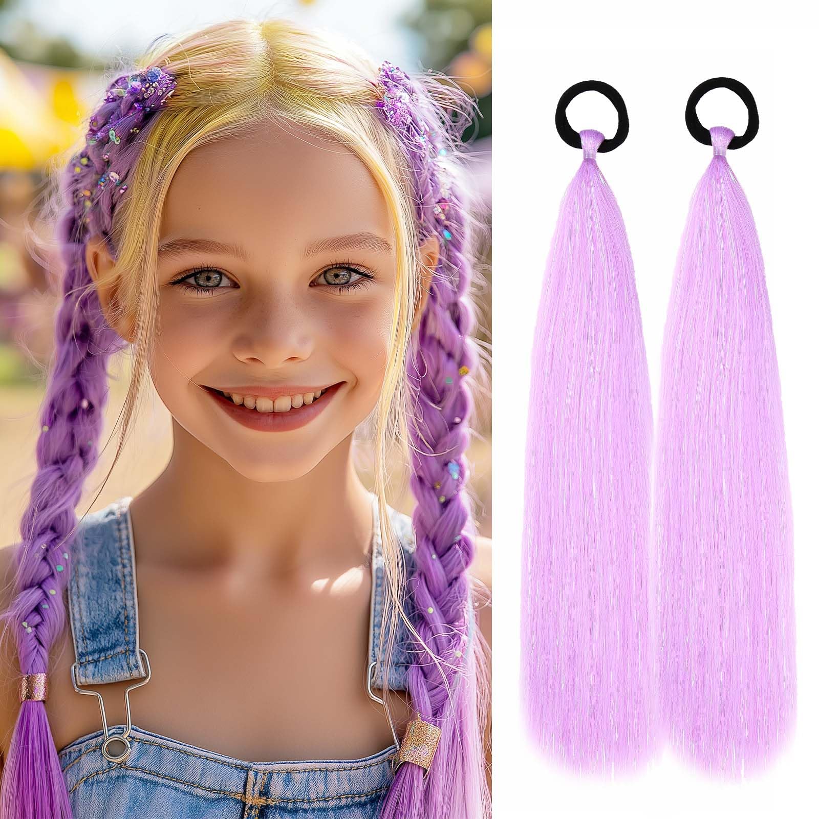 Rainbow Ponytail Extensions With Hair Tie 2 Packs 40g/Pack Coloured Hair Extensions for Braiding 18 inch Colorful Ombre Mermaid Pony Tail Synthetic Hair Extensions for Girl Women SSPurple