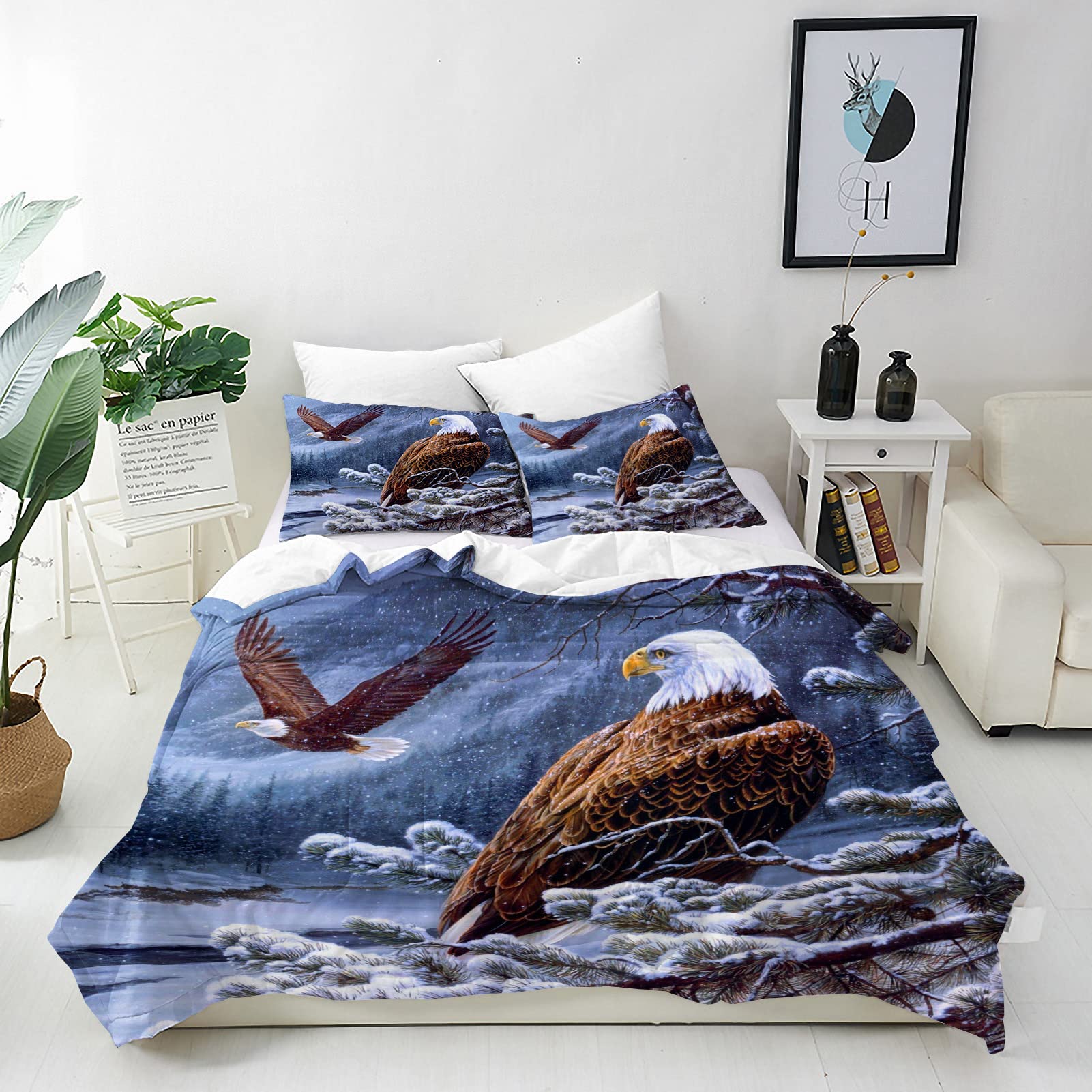 ANHOPEEagle Duvet Cover Set Soft Comforter Cover Set with Winter Forest Falcon Print Pattern 3 Piece Bedding Set with Pillowcase All Season Quilt Cover with Zipper for Kids Adults Single Size