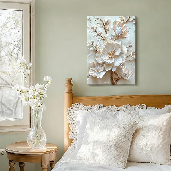 Cadre en Bois Impression sur Toile Fleurs Beiges Tableau Affiche Decoration Murale Image sur Toile Fleur de Pivoine Blanche en 3D Tableau Decoration Murale Salon Chambre à coucher Couloir 30x40cm - 4