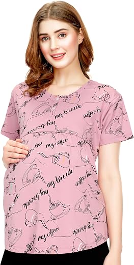 ZEYO Women's Cotton Maternity Top Cup &amp; Saucer Printed Feeding Regular Fit T-Shirt 5813