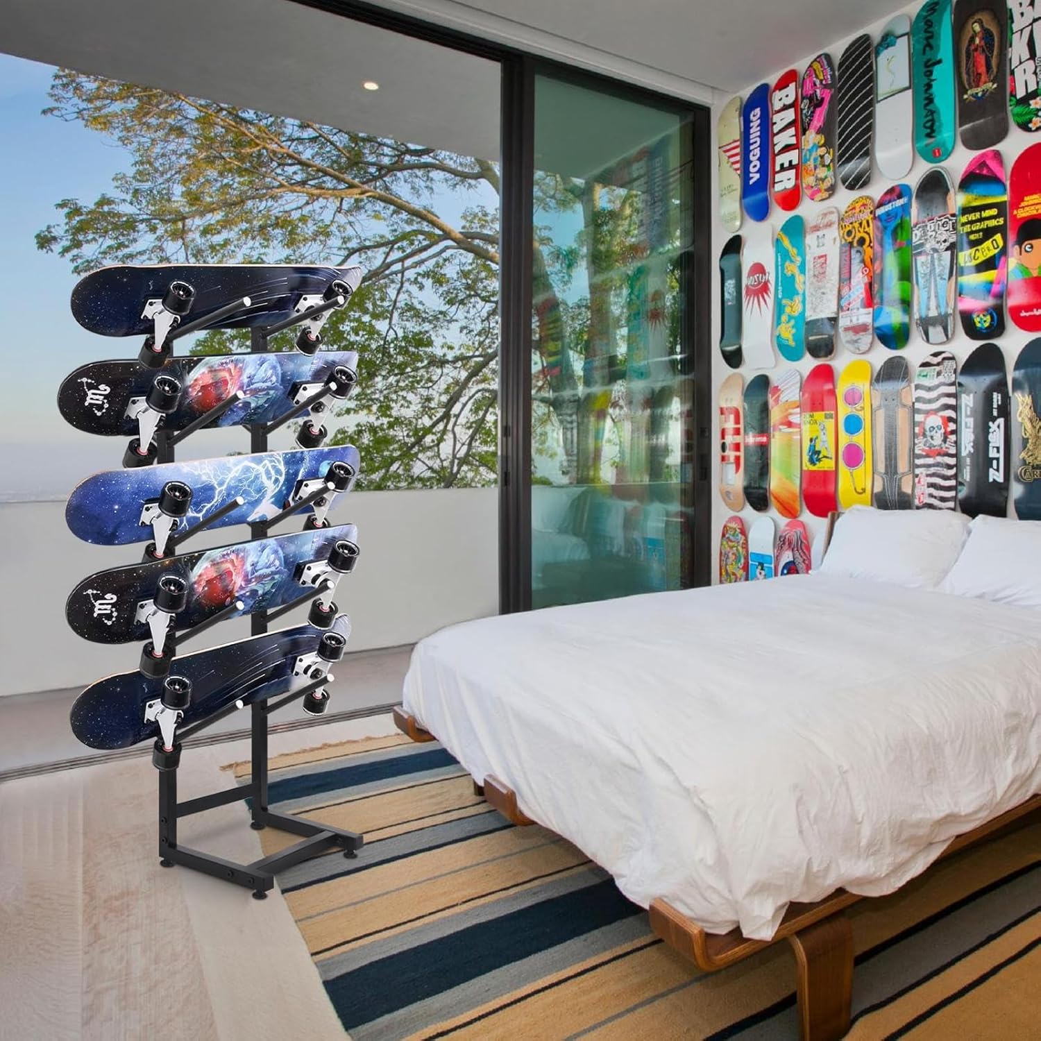 5 Tier Freestanding Skateboard Rack Single-Sided - Heavy Duty Skate Board Display Hanger Rack, hold 5 Storage Longboard Deck Organizer, for All-Mountain, Wide, Powder, back-country Skis (50x30x110cm)