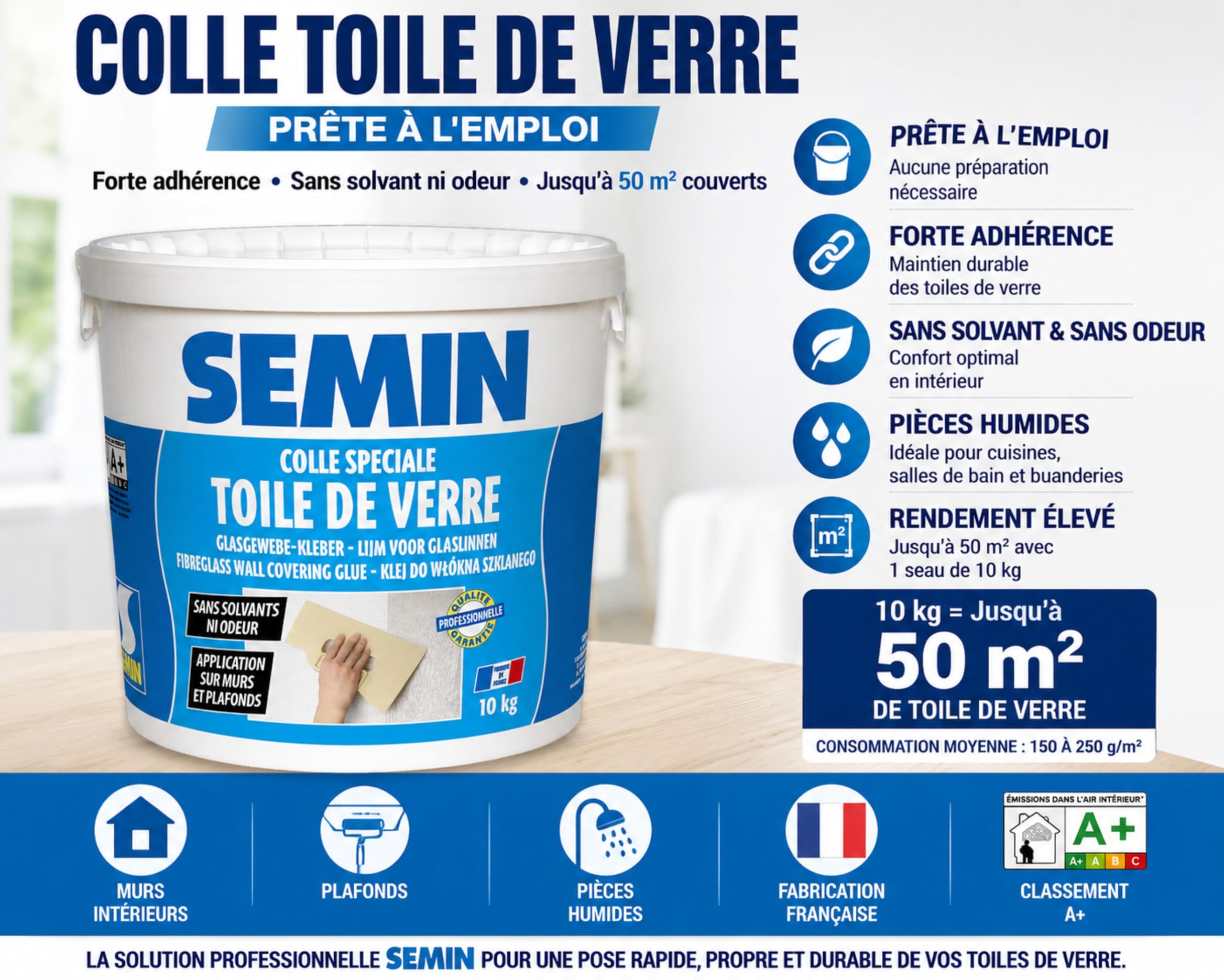 SEMIN Colle Toile de Verre 10 kg – Colle Prête à l’Emploi Sans Solvant et Sans Odeur – Forte Adhérence – Jusqu’à 50 m² – Murs, Plafonds et Pièces Humides – Fabrication Française