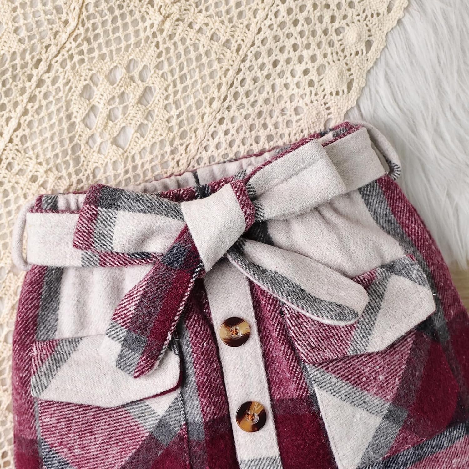 Toddler Girl Fall Winter Clothes Cute Ruffled knitted Shirt Tops Plaid Pleated Mini Skirt Belt 3 Piece Outfit 2-6T