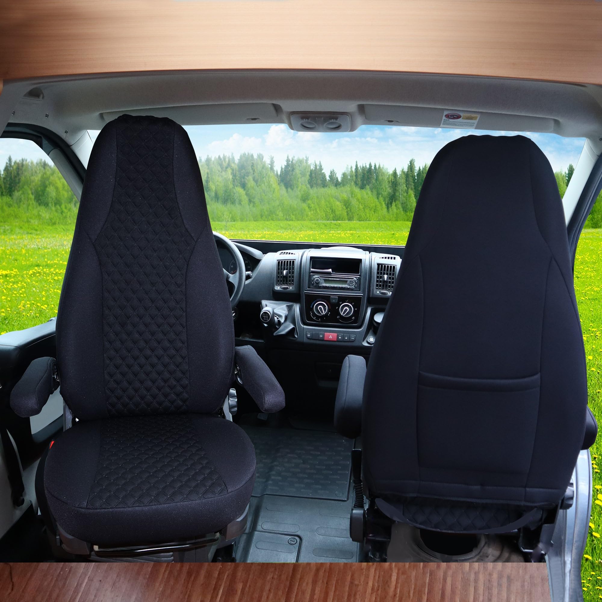 BREMER SITZBEZÜGE Maß Piloten Schonbezüge Sitzbezüge kompatibel mit Wohnmobil Camper Hymer Ducato Wohnmobil Zubehör | 2er Schonbezug Set inkl. Armlehnen-Bezüge in Schwarz | WMS704