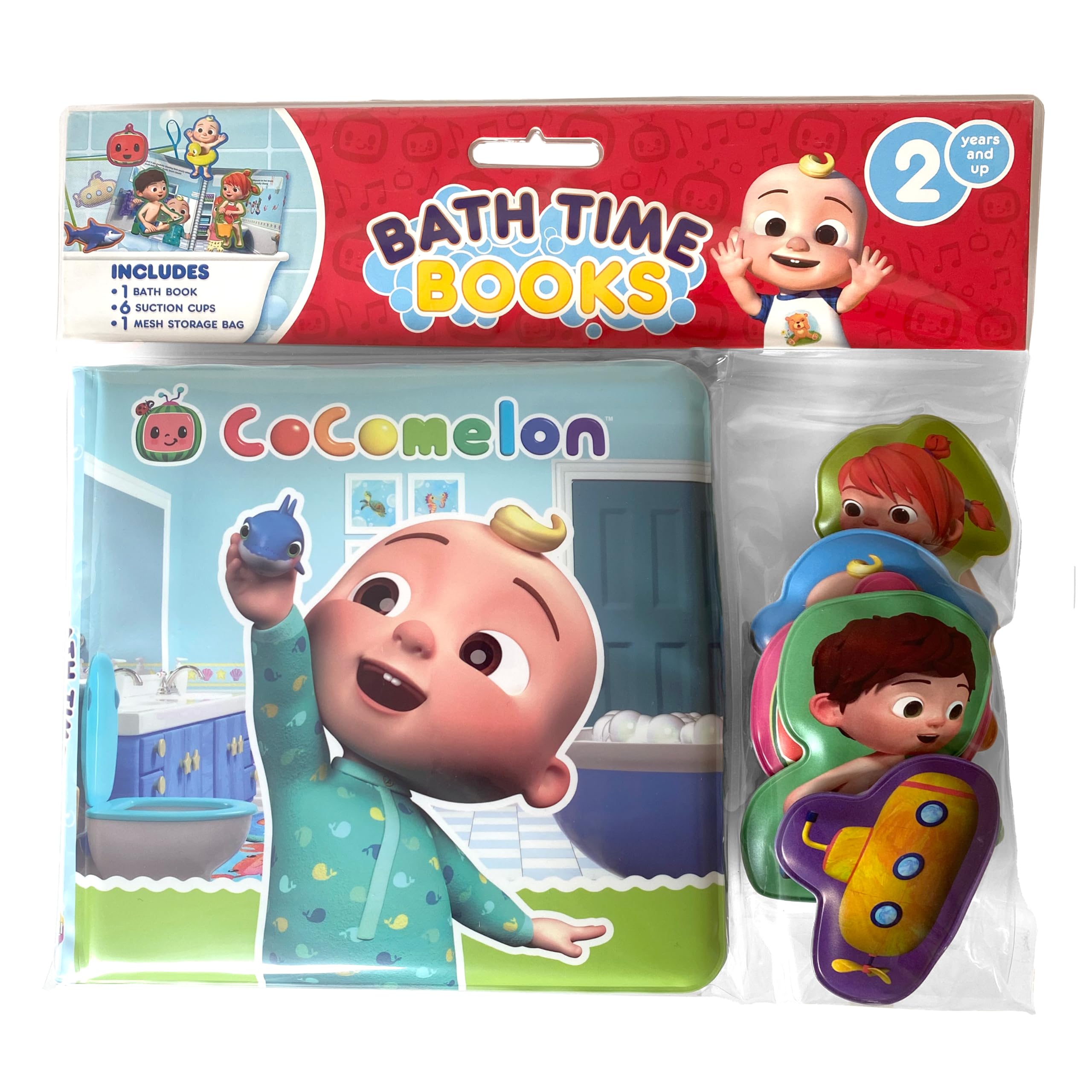Cocomelon Bath Time Books - Activity Books for kids, Bath book, 6 Padded suction cups, 1 Mesh bag