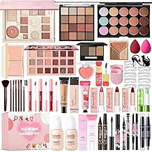 All in One化妆包化妆套装女装全套套装,化妆礼品套装女十几岁女孩,化妆必备包包括眼影粉底口红睫毛膏眼线化妆刷套装