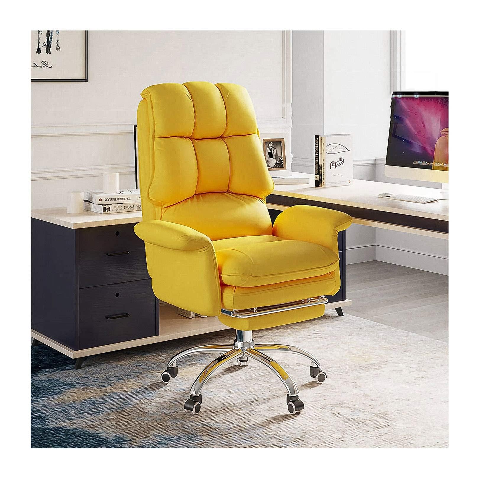 HTTGDGDH Modern Pink Ergonomic Office Chair, High Back Swivel Reclining Desk Chair With Footrest, Pu Leather Executive Home Office Chair For Comfort & Style,Yellow