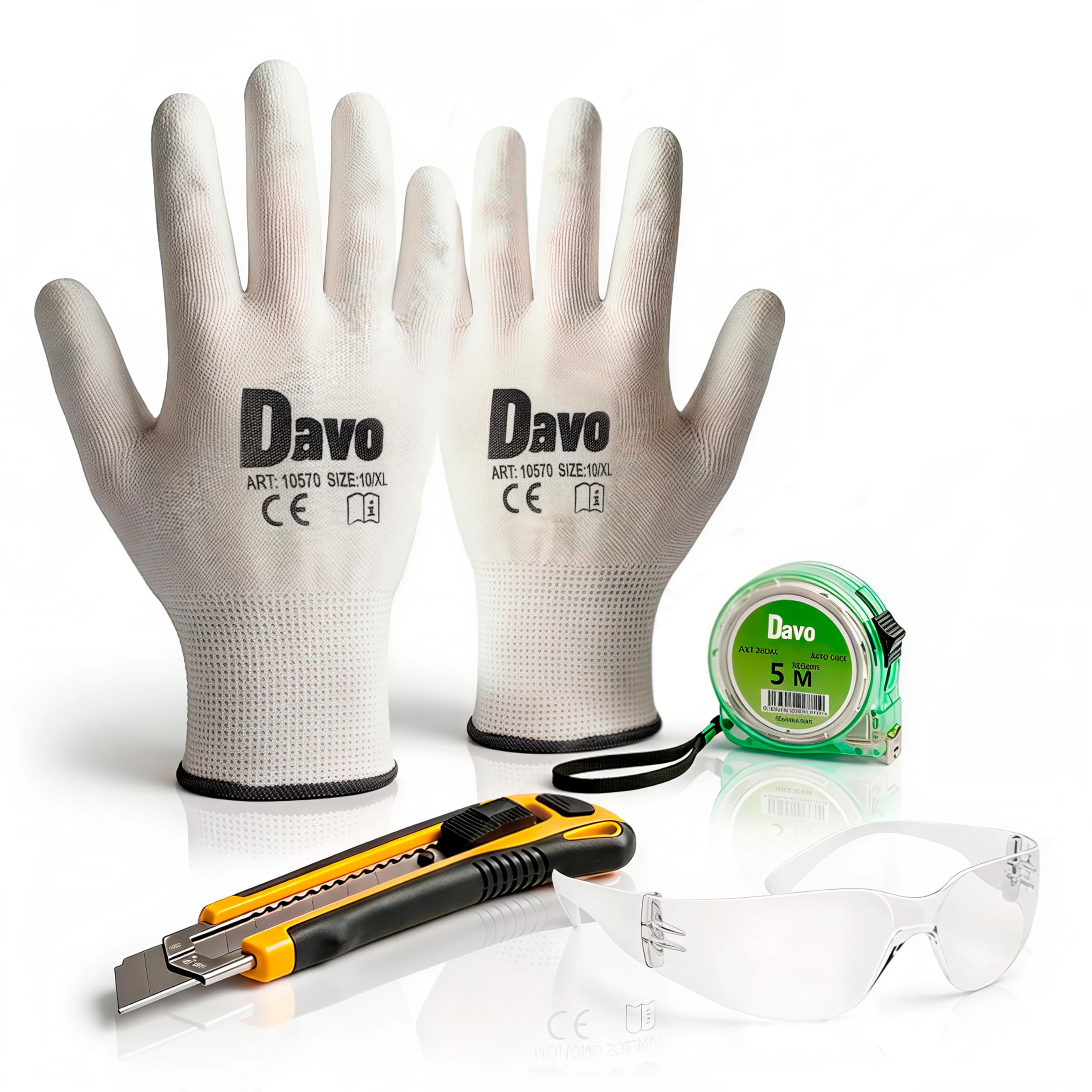 Kit de Herramientas Davo® 4 en 1 – Guantes de Trabajo, Cutter Profesional, Gafas de Seguridad y Metro 5m, Set Completo para Bricolaje, Construcción y Uso Doméstico