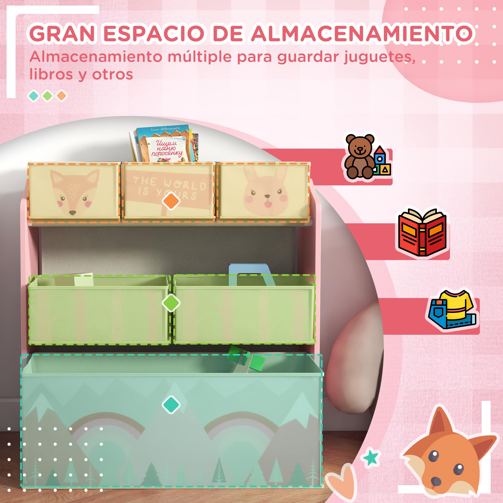 ZONEKIZ Estantería Infantil para Juguetes con 6 Cajas de Tela no Tejida Extraíbles Organizador Juguetes para Niños de 3-8 Años para Dormitorio Guardería 63x30x66 cm Rosa