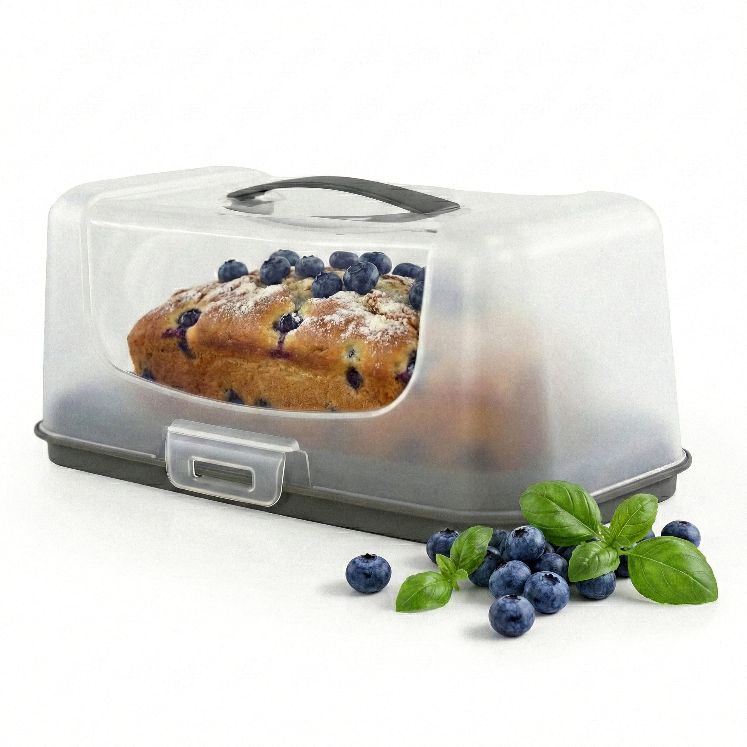 Geezy Grey Rectangular Cake Carrier With Handle - Airtight Cake Storage Container With Lid And Secure Locking Clips - Bpa Free Plastic Box For Loafs, Cupcakes, Baguettes - Great For Baking Enthusiasts