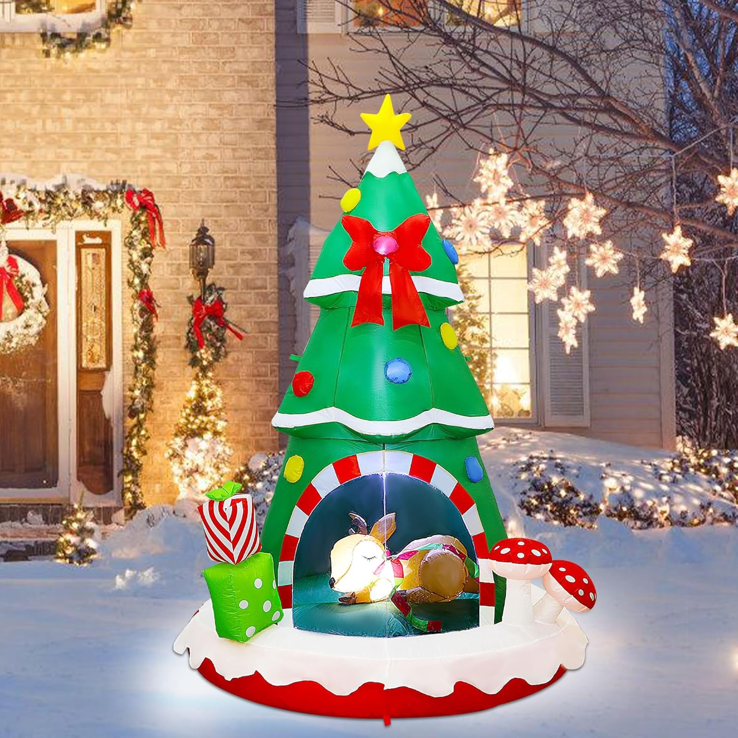 Joliyoou Christmas Inflatable Decoration, 7.2FT H Air-Blown Lighted Christmas Tree Sleeping Inside A Deer, Jumbo Blow Up Xmas Tree Adorned with Red Bow Gift Boxes for Outdoor Indoor Decor