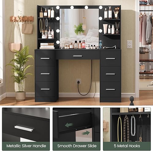 Miniatura 9 de Quimoo Escritorio grande con espejo iluminado LED y toma de corriente, mesa de tocador de maquillaje con 7 cajones, 4 estantes y 5 ganchos, mesa de