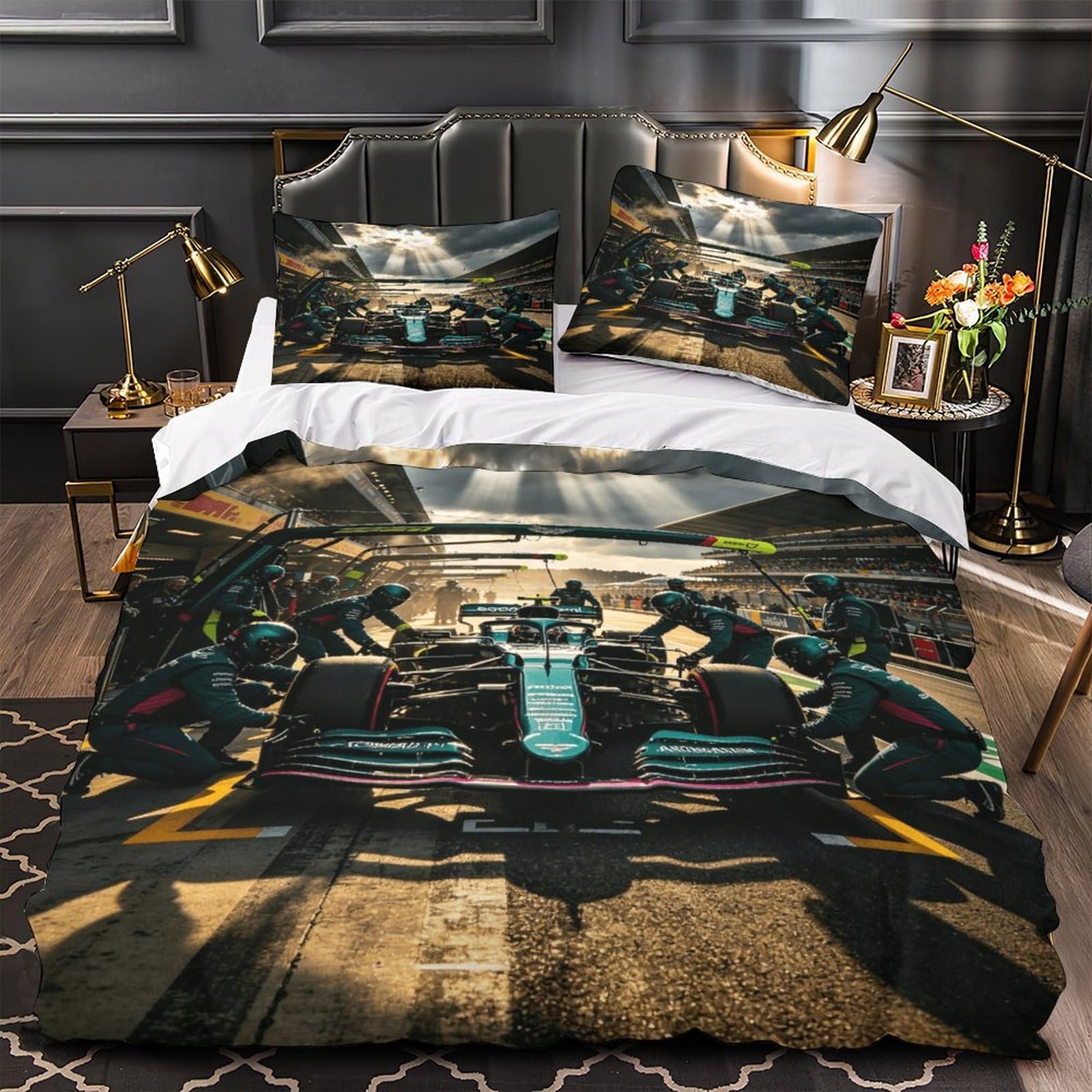 DAFUfbw Formulaa Racing Quilt Cover Single（135x200cm） With Hidden Zipper, Pit Stop Duvet Cover with Pillowcases, Soft Light Microfiber Comforter Cover