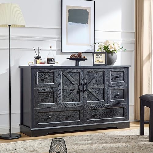 SOOWERY Farmhouse Dresser for Bedroom, Tall Chest of Drawers, Black | 6-Drawer Wood Dresser, Barn Door Style Storage Cabinet, Multiple Storage Options, 55" Wide
