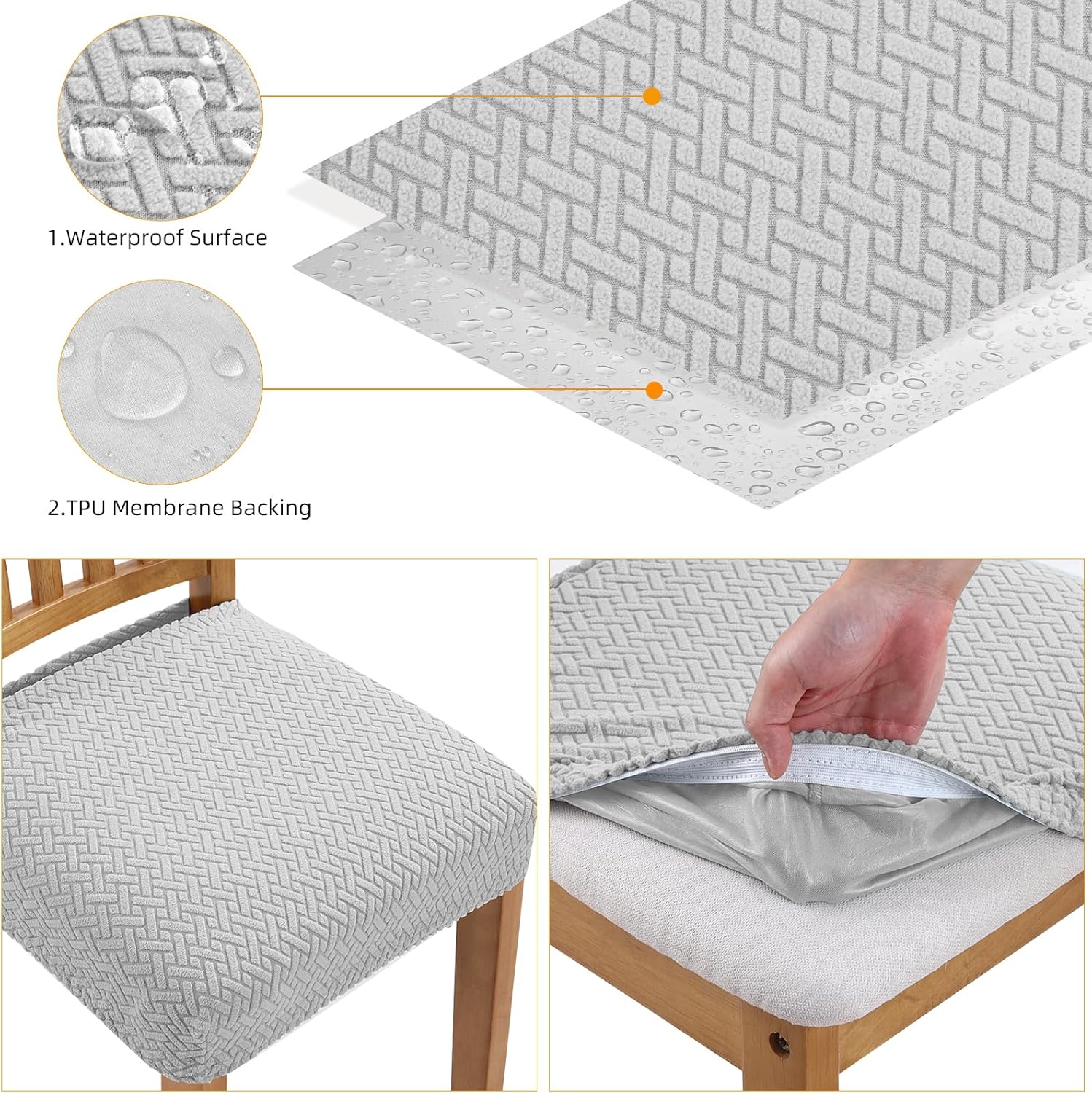 Fuloon Stretch Waterproof Chair Seat Covers 4 PCS, Removable Washable Dining Room Chair Covers Anti-Dust Seat Cushion Slipcovers for Bedroom, Kitchen, Hotel, Banquet (I-Light Gray, 4)