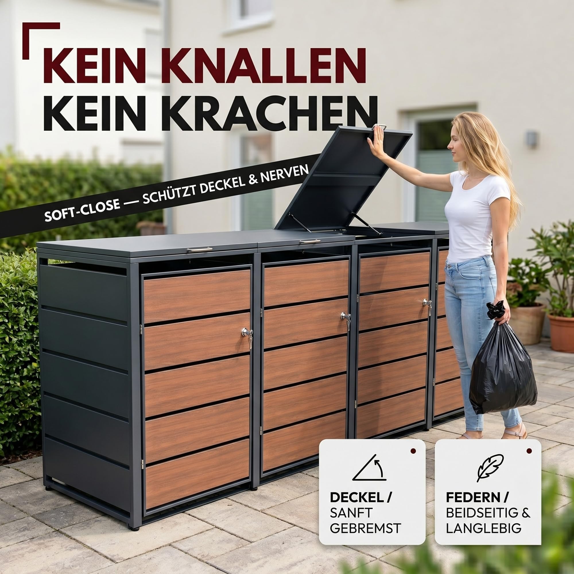ALBATROS Mülltonnenbox 4er Holzdekor, 120L bis 240L, für Vier Tonnen, Mülltonnenverkleidung aus verzinktem Metall mit Holzoptik, abschließbar, wetterfest, geprüft nach ISO9227, mit Aufkleber Set